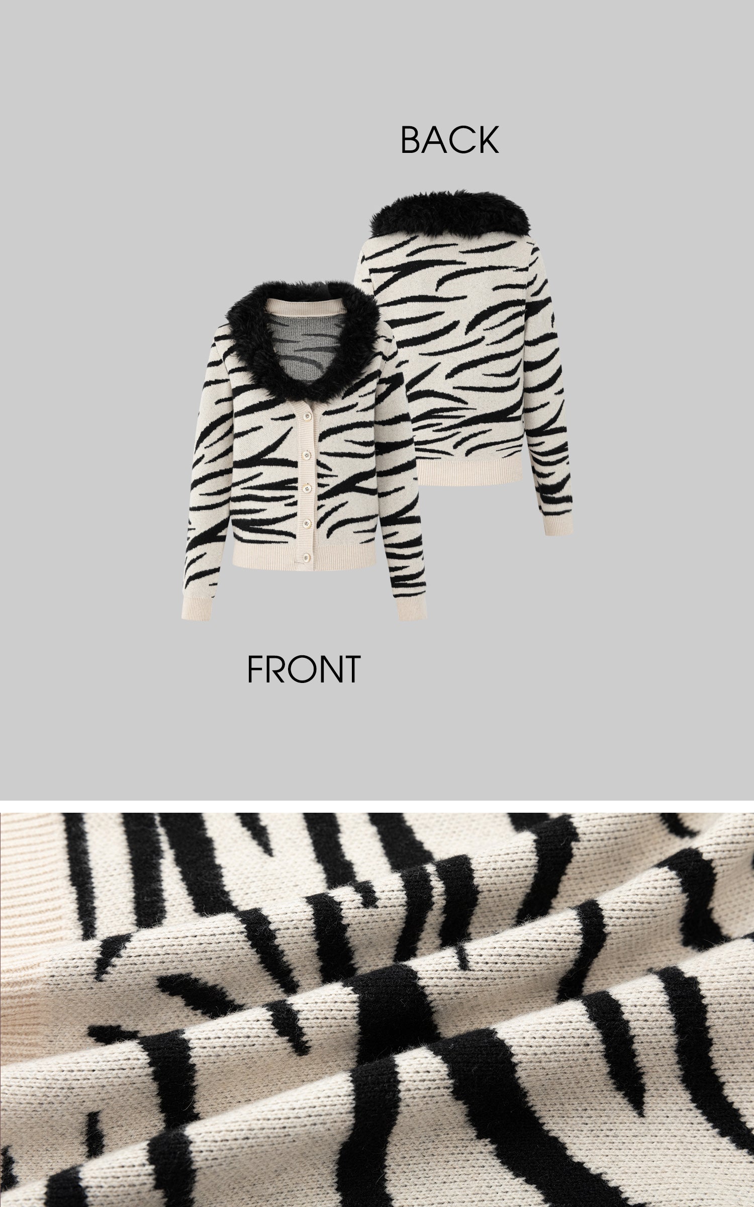 IAMXIAA Zebra Pattern Faux Fur Collar Knit Cardigan