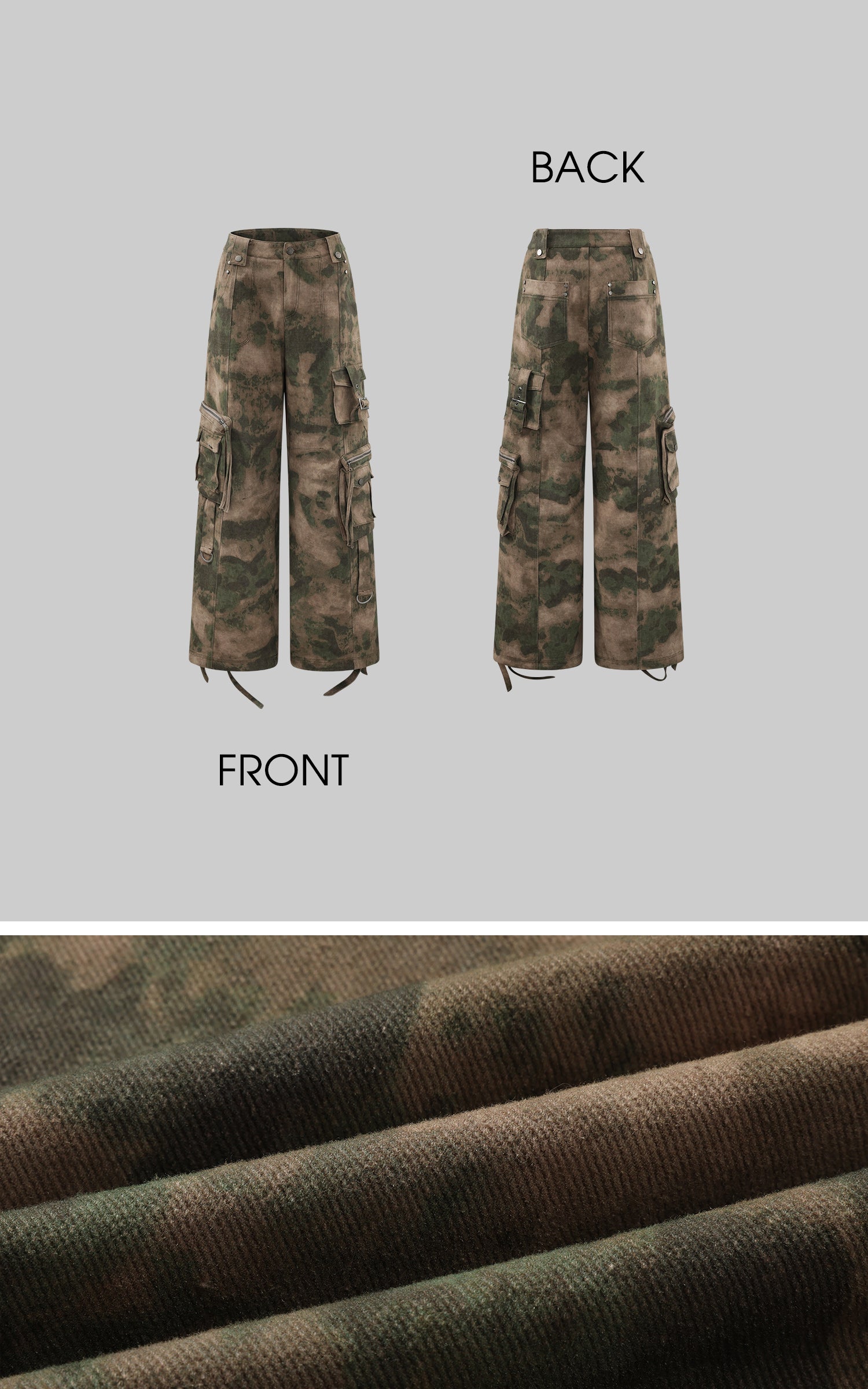 Rase le sol 카모 워시와 실용적인 포켓이 돋보이는 디컨스트럭티드 드로스트링 카고 팬츠