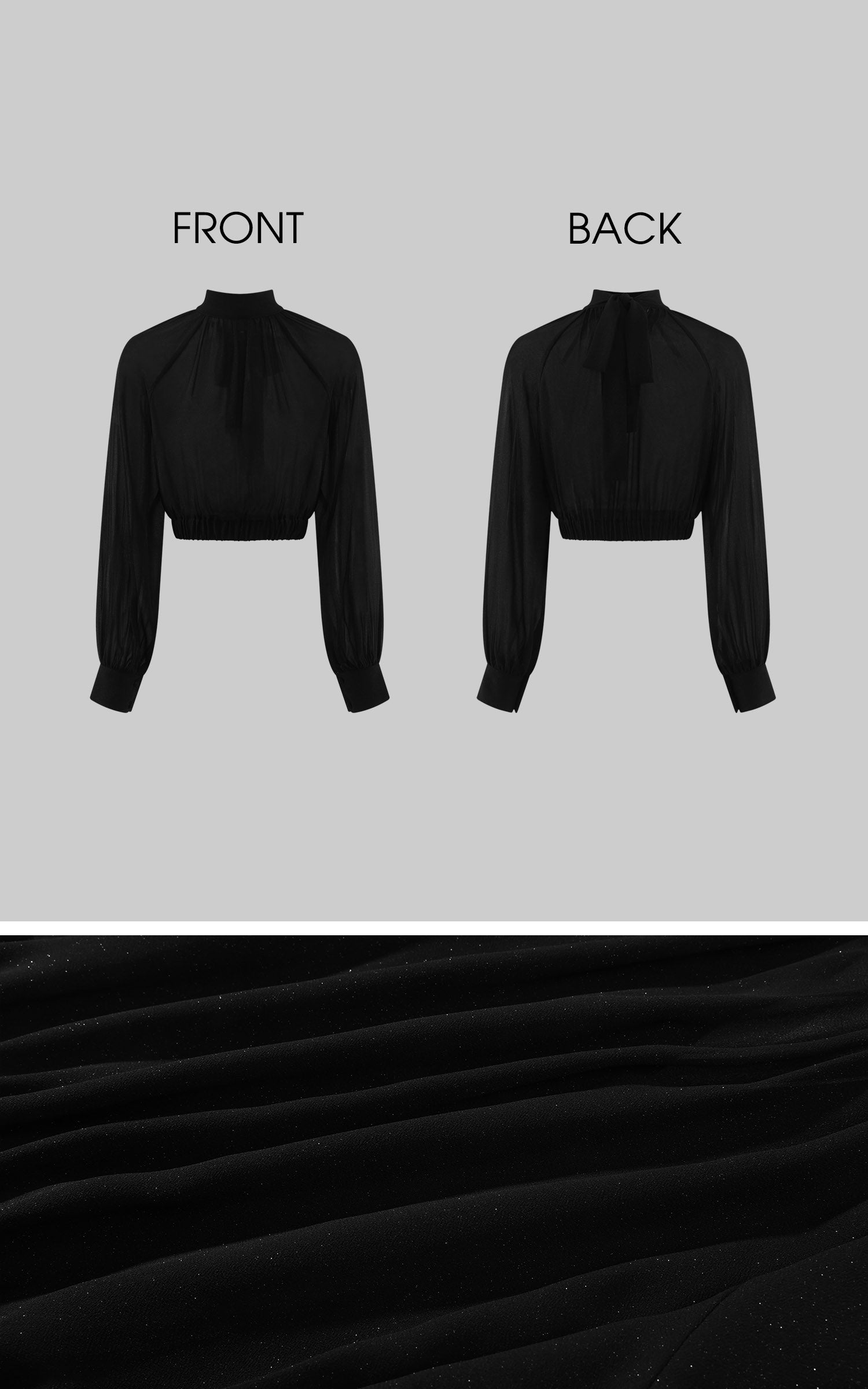 Hydrae Sheer Glitter High-Neck Draped Balloon-Sleeve Cropped Blouse