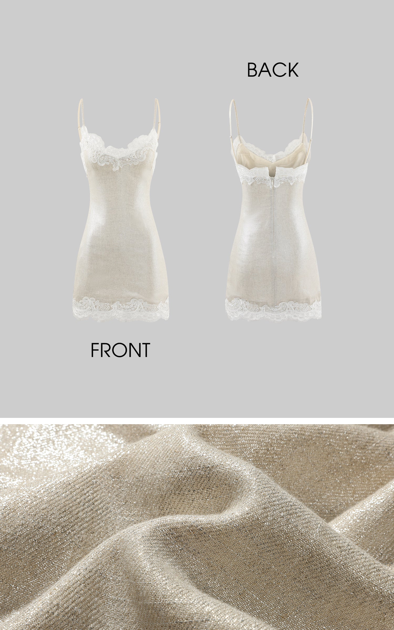 ROVENTE Shimmer Lace Trim Slip Mini Dress