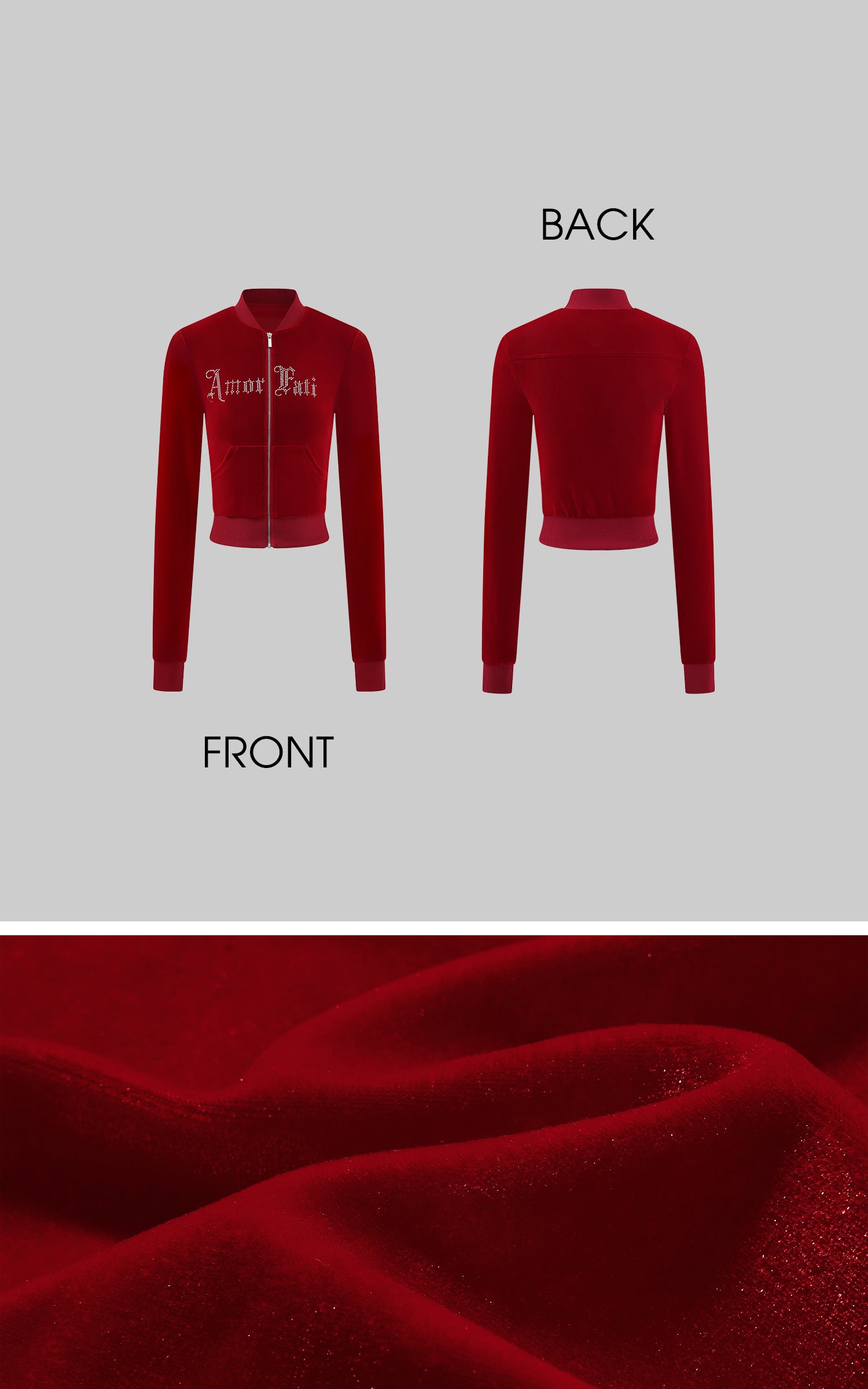 Rase le sol 벨벳 지퍼업 자켓, 라인스톤 고딕 레터링