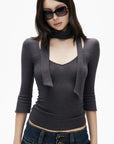 IAMXIAA Scarf-Neck Ribbed Slim-Fit Top with Three-Quarter Sleeves