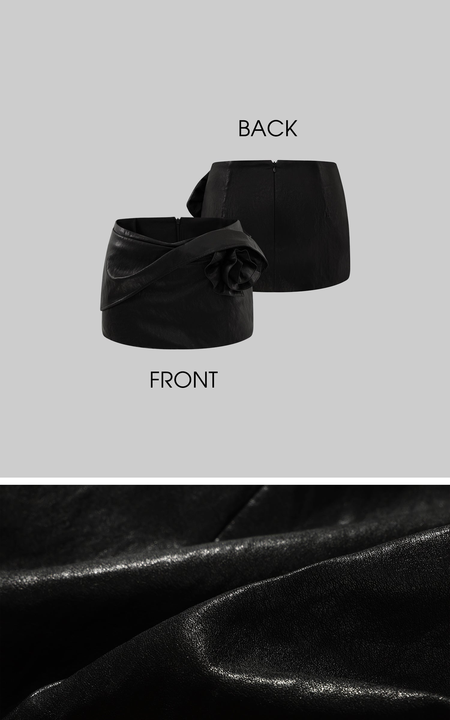 ROVENTE Faux Leather Mini Skirt with Draped Rose Detail