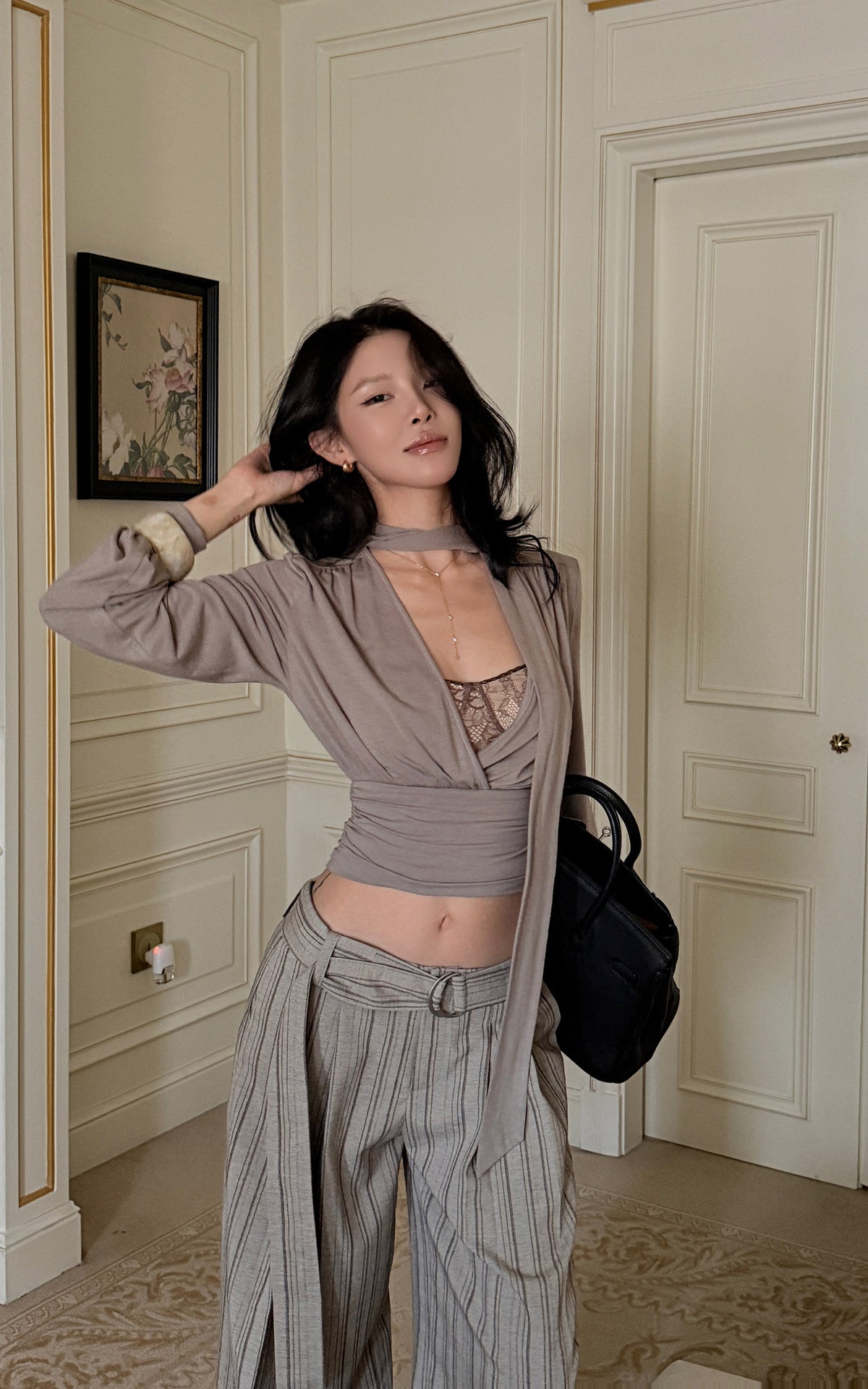 Hydrae Draped Wrap Front Ruched Long Sleeve Top With Asymmetric Neckline
