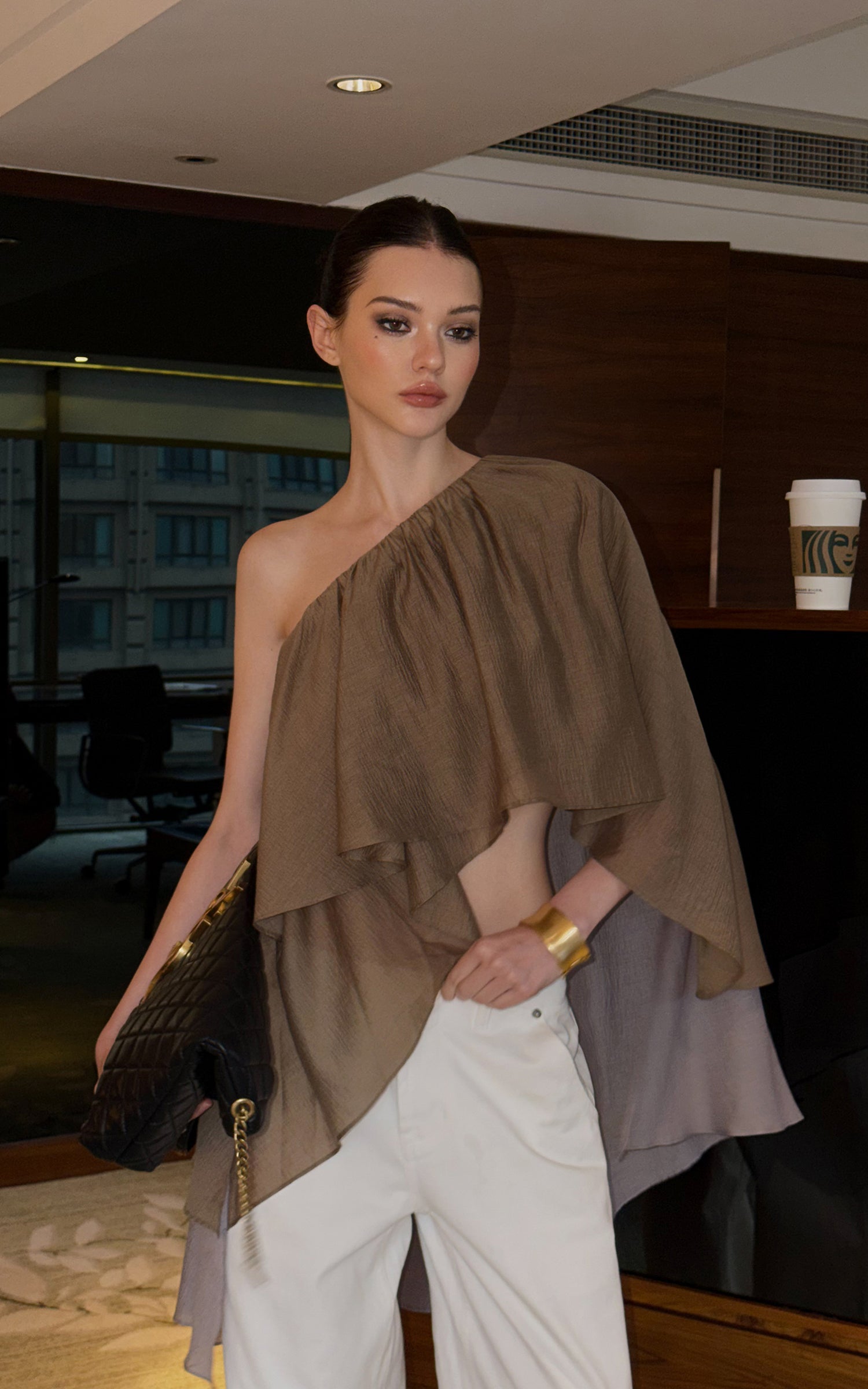 0122stepll Asymmetric Draped One-Shoulder Top