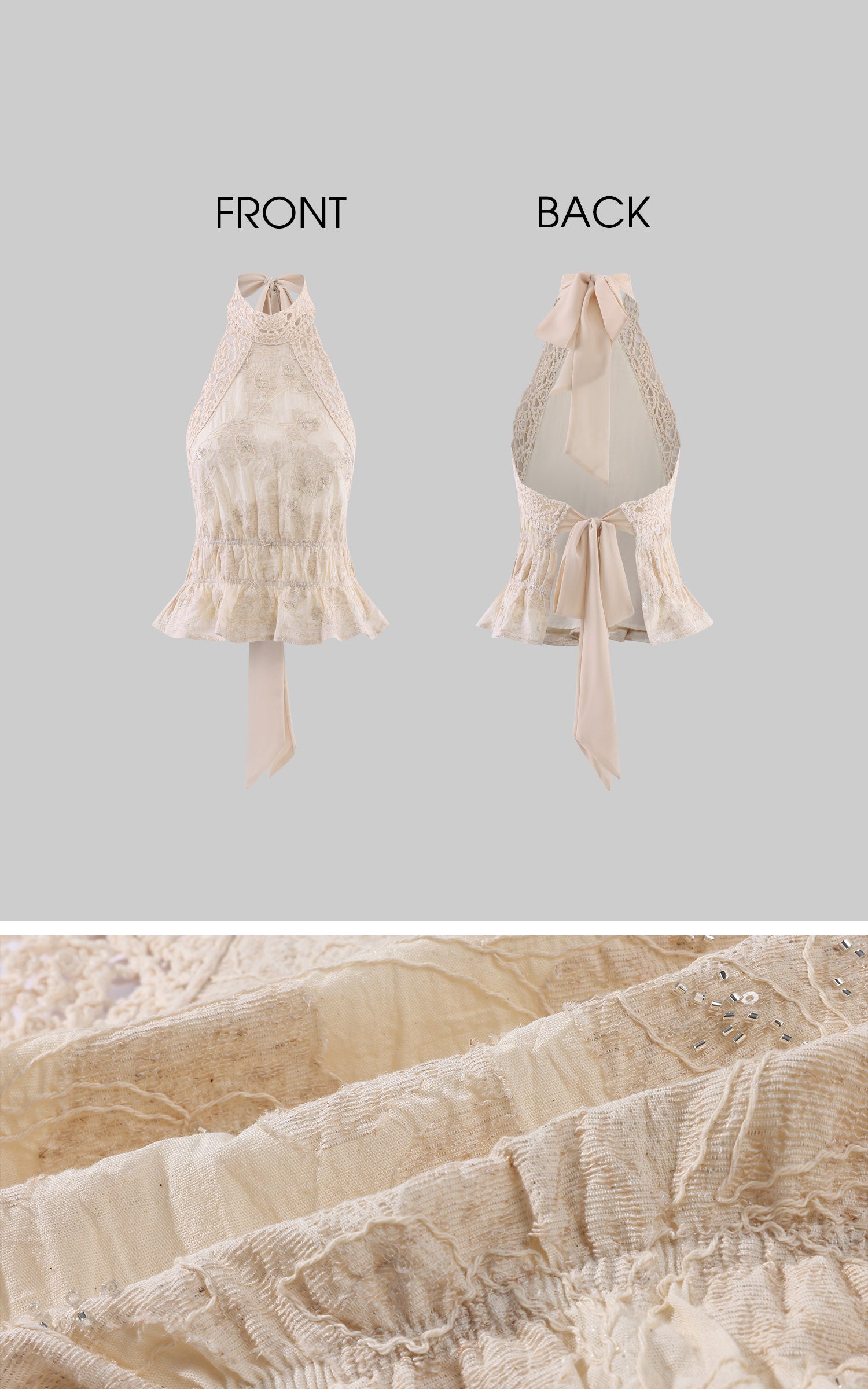 Hydrae Haut dos-nu vintage en dentelle crochetée avec lien à nouer