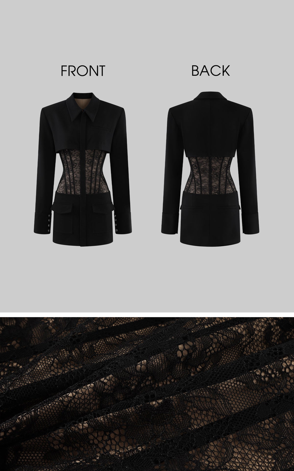 ROVENTE Structured Shoulder Lace Corset Mini Dress with Pointed Collar &amp; Flap Pockets