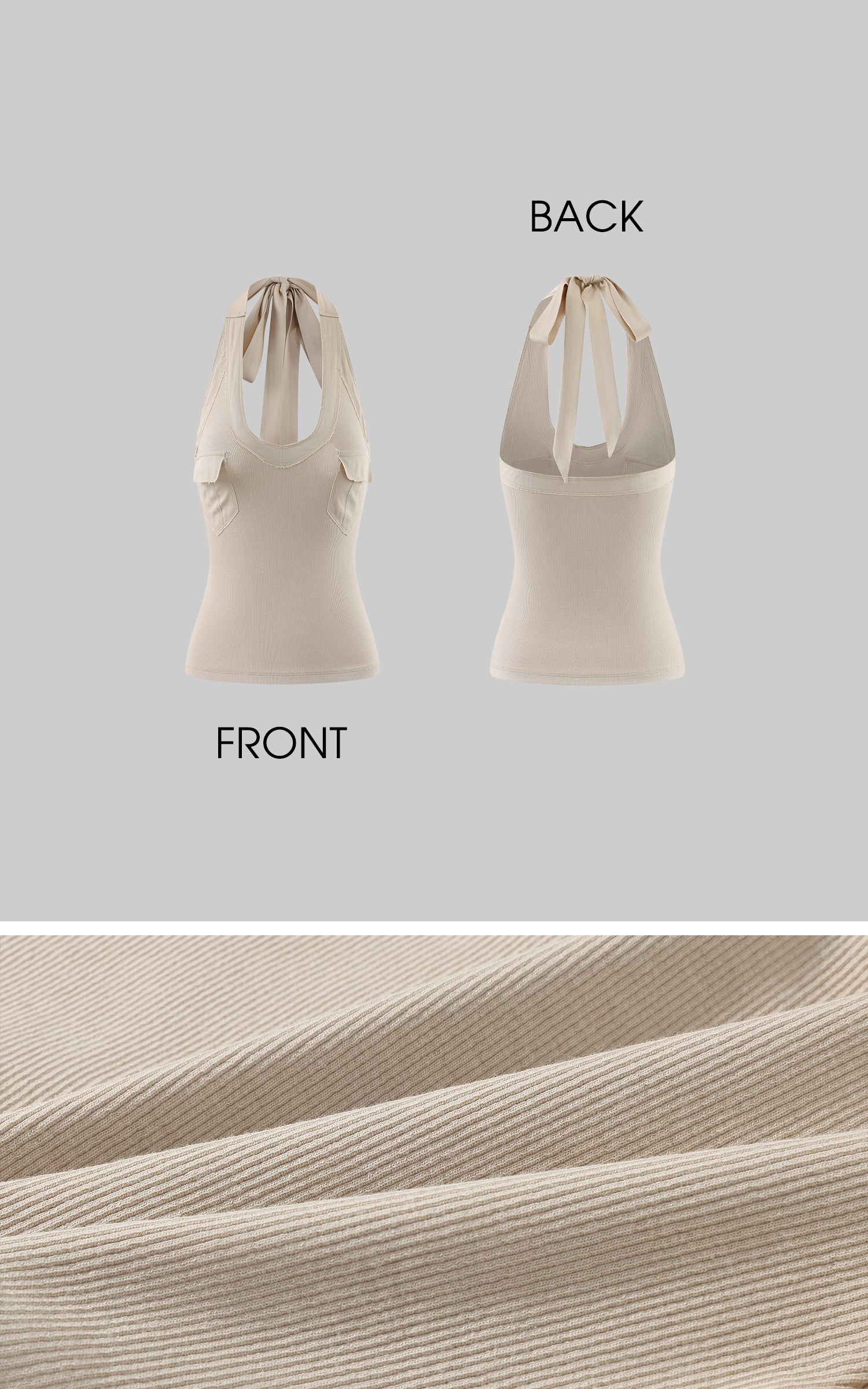 ROVENTE Khaki Halter Tie Ribbed Tank Top