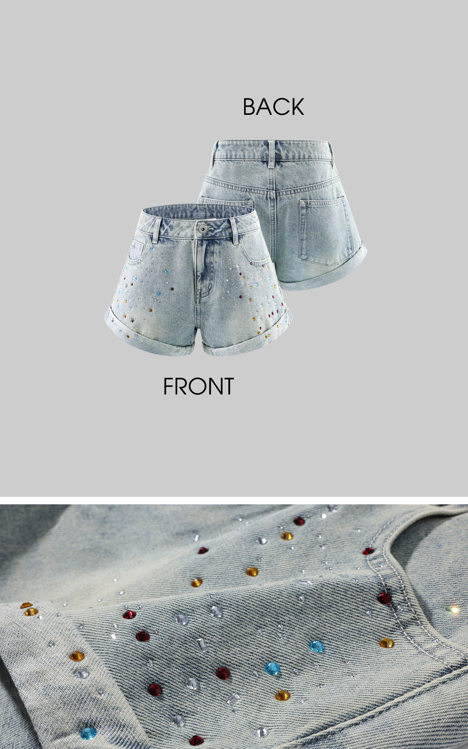 WARDEN EDGE Rhinestone Washed Denim Low-Rise Shorts