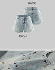 WARDEN EDGE Rhinestone Washed Denim Low-Rise Shorts