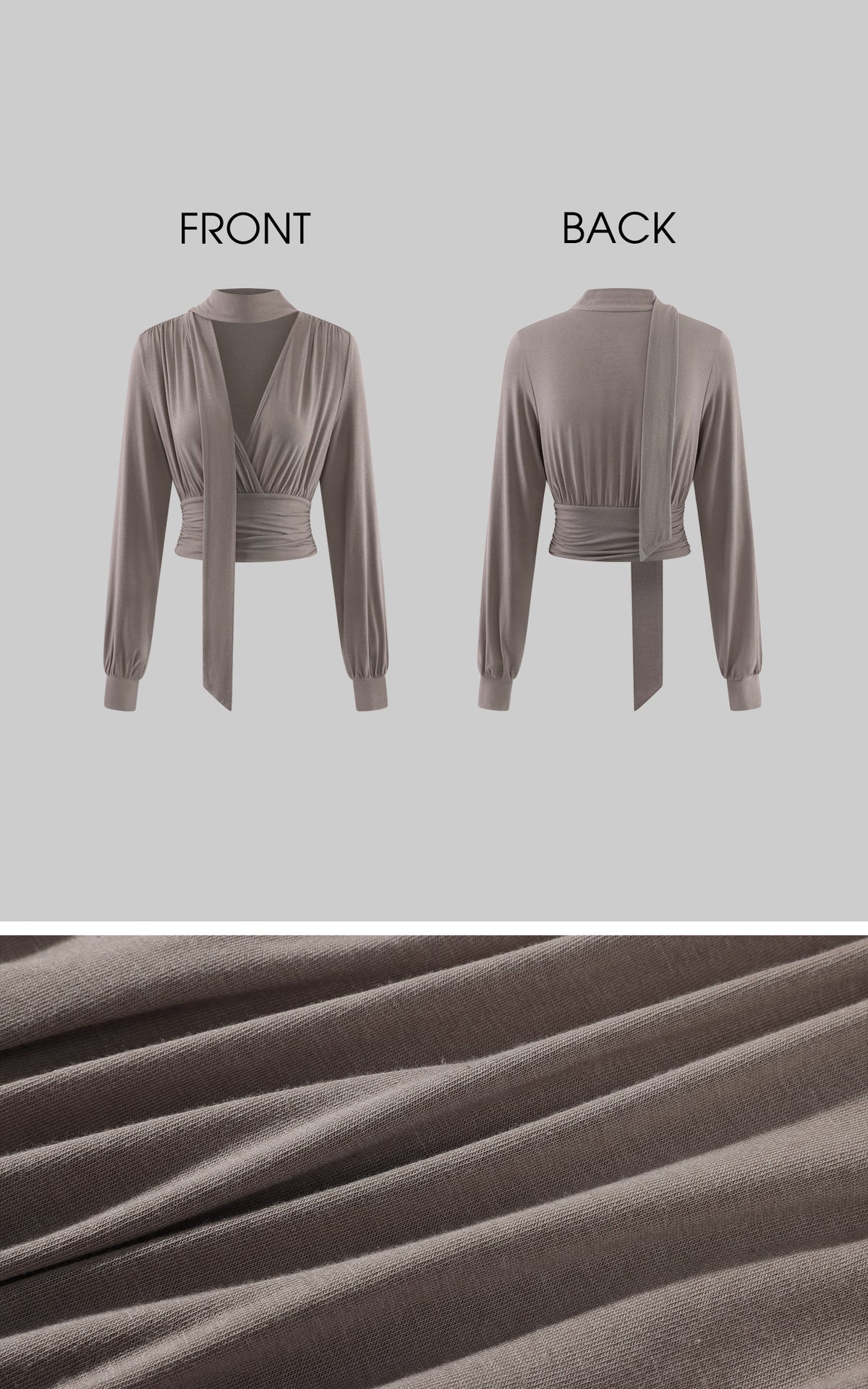Hydrae Draped Wrap Front Ruched Long Sleeve Top With Asymmetric Neckline