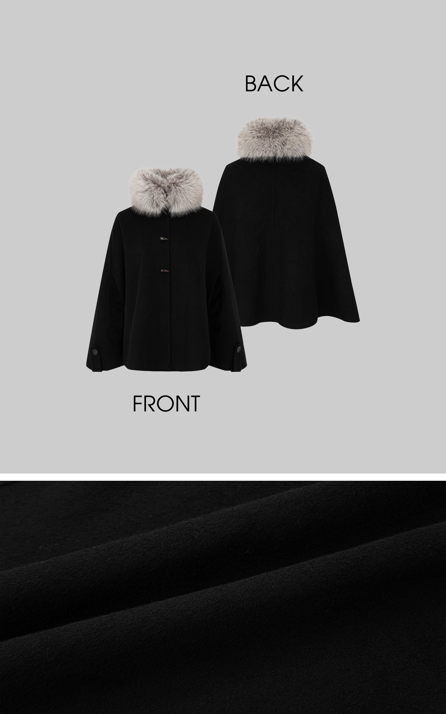 IAMXIAA フェイクファーの襟とトグルボタン付きウールケープコート