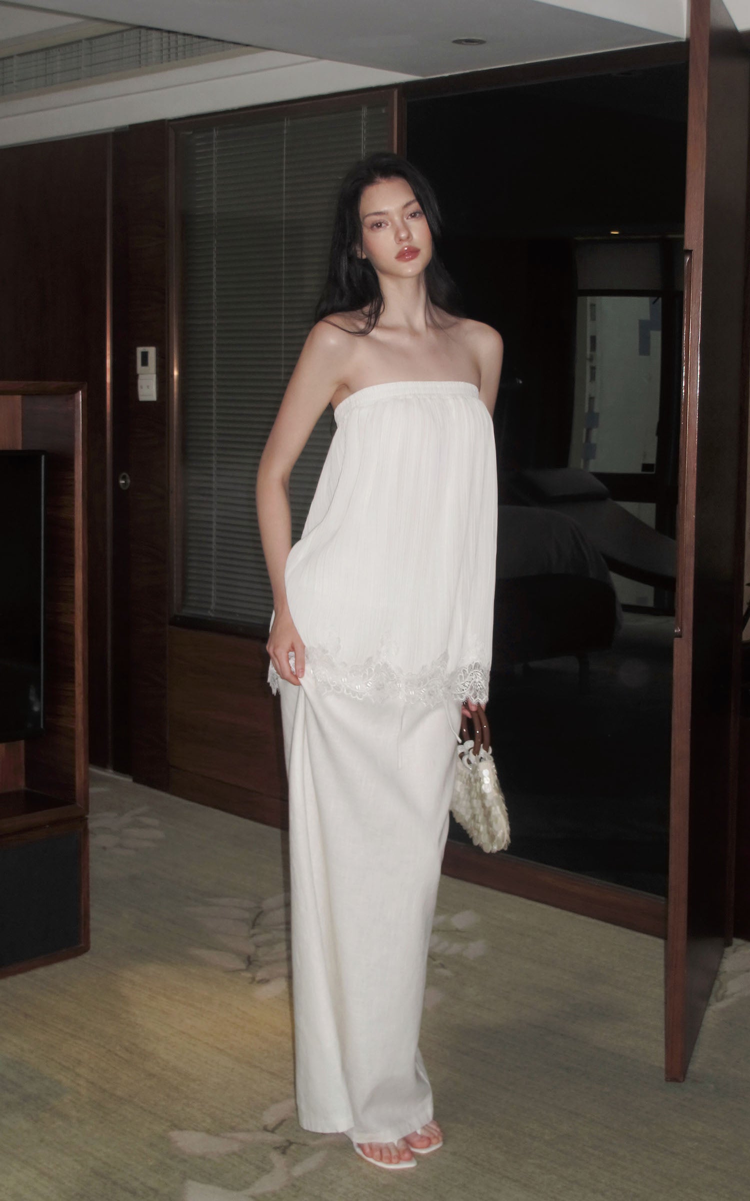 0122stepll Pleated Tube Top &amp; Long Skirt Set