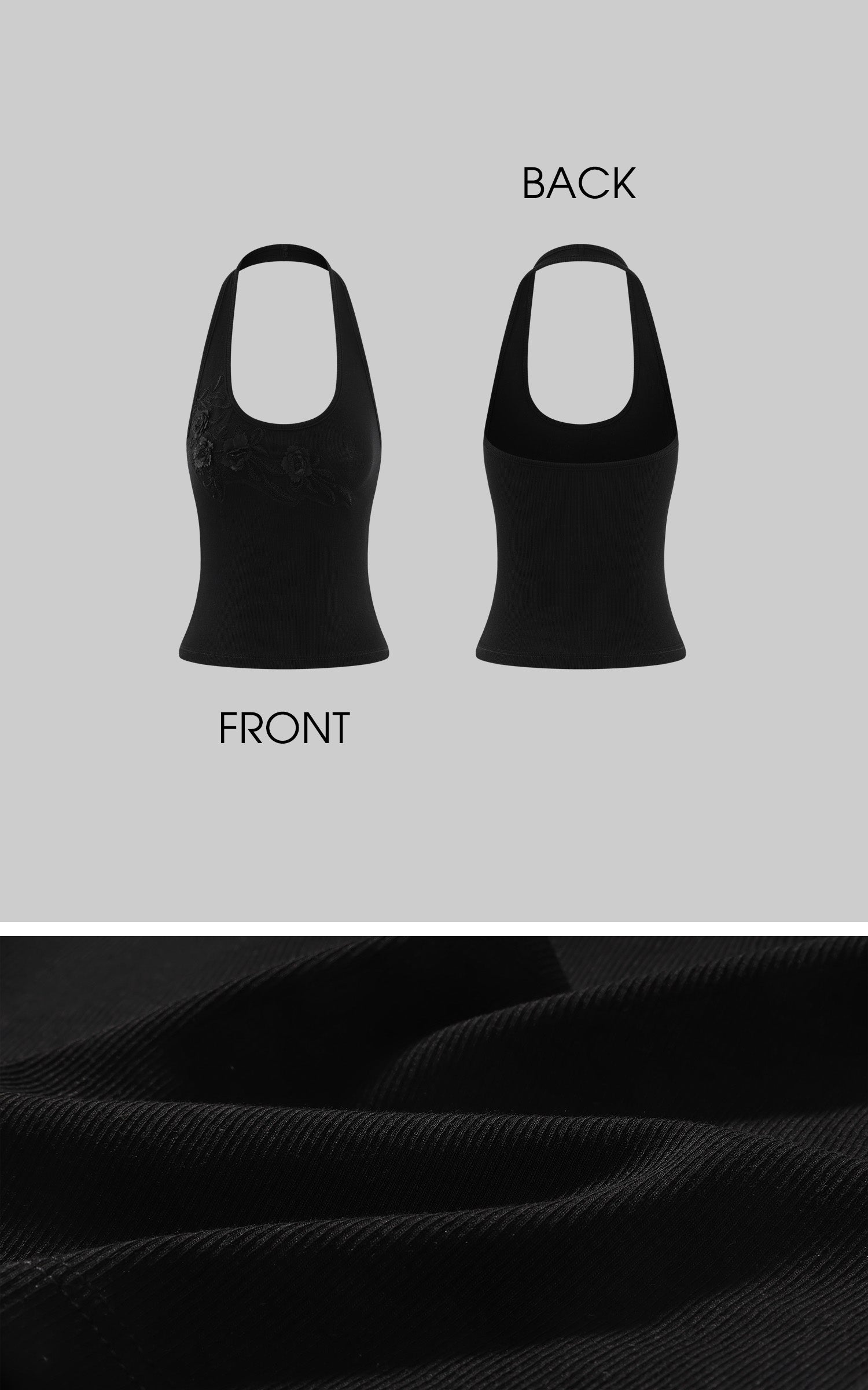 Hydrae Floral Appliqué Ribbed Halter Neck Crop Top Sculpt Fit Sleeveless Minimal