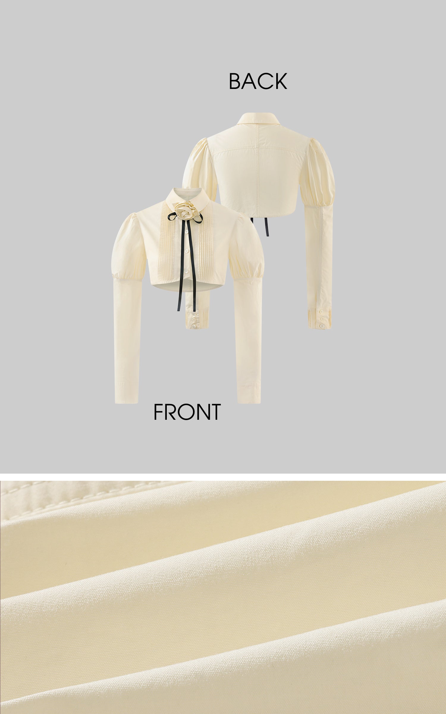 Rase le sol Cropped Puff-Sleeve Shirt with Pleated Front and Rosette Tie