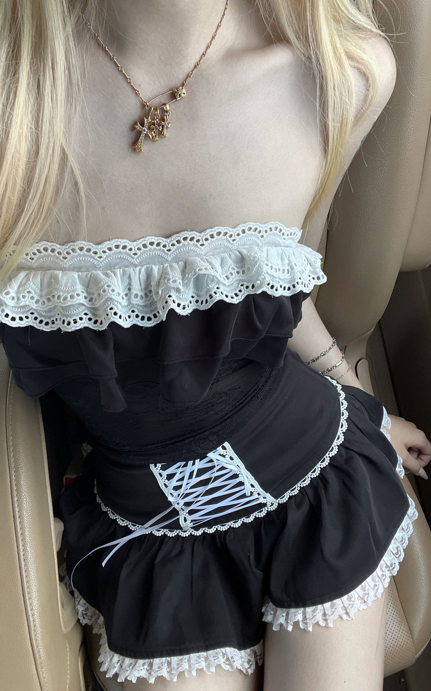 Rase le sol Cross-Laced Ruffle Strapless Top &amp; Layered Lace Mini Skirt Set