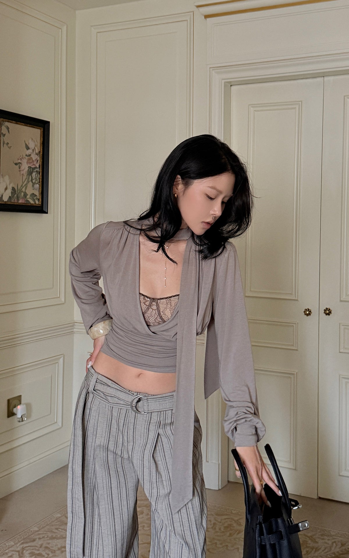 Hydrae Draped Wrap Front Ruched Long Sleeve Top With Asymmetric Neckline