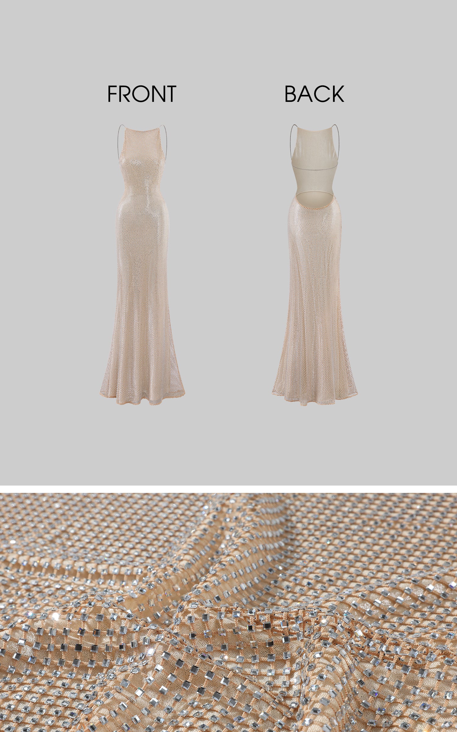 ROVENTE Rhinestone Mesh Halter Maxi Dress