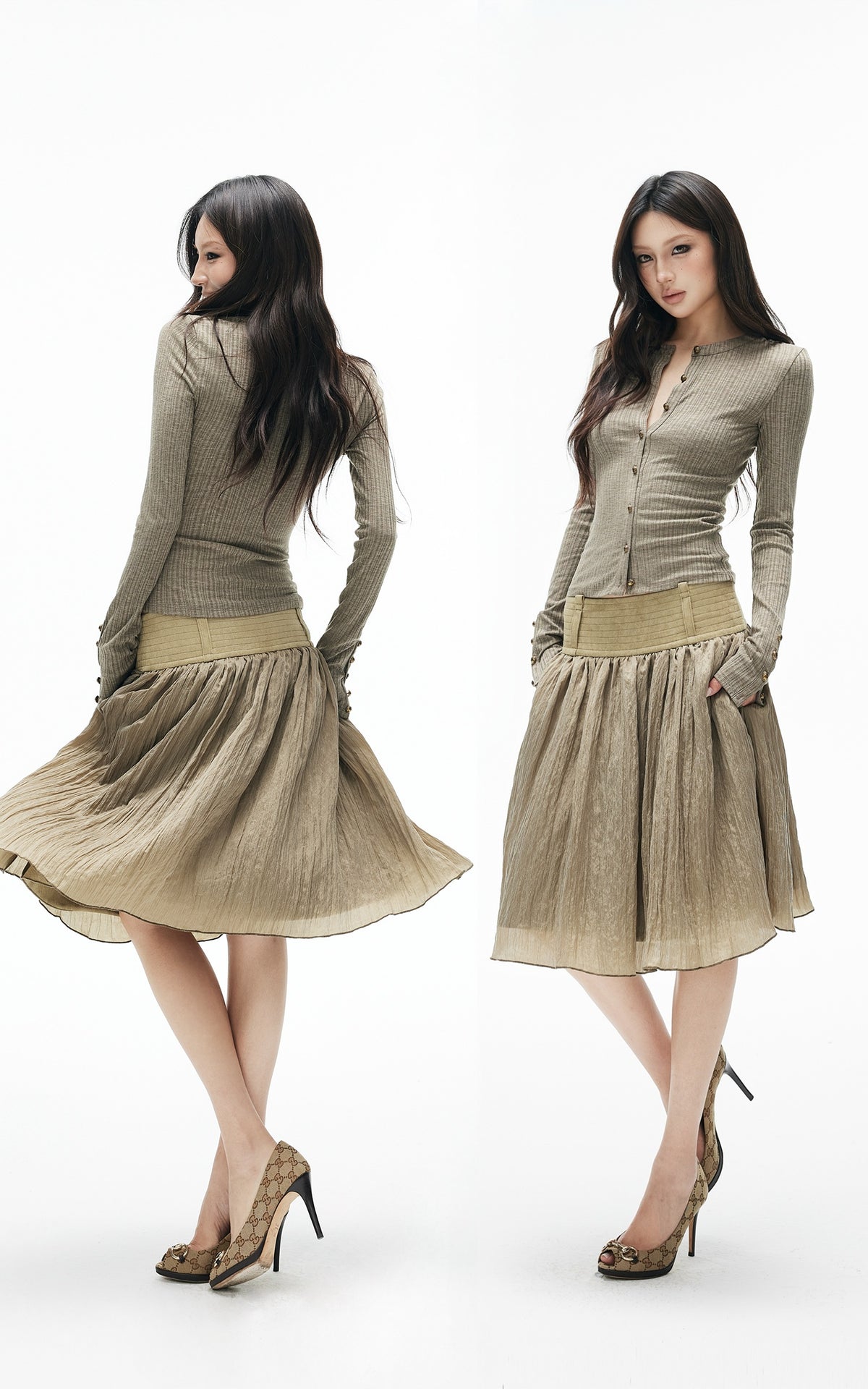 IAMXIAA Sculpted Ribbed Long Sleeve Top with Vintage Metal Button Detailing