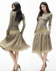 IAMXIAA Sculpted Ribbed Long Sleeve Top with Vintage Metal Button Detailing