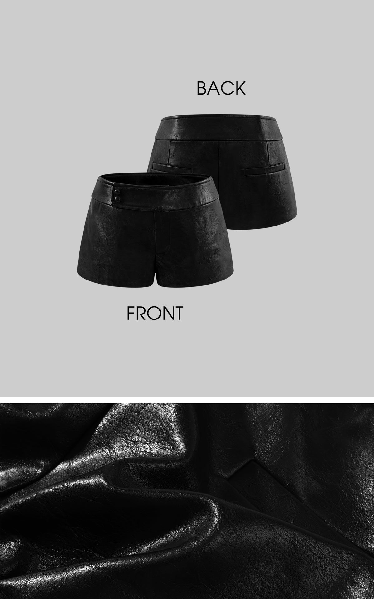 Hydrae Faux Leather Tailored Mini Shorts with Asymmetric Button Waistband and Sleek Back Pocket Details