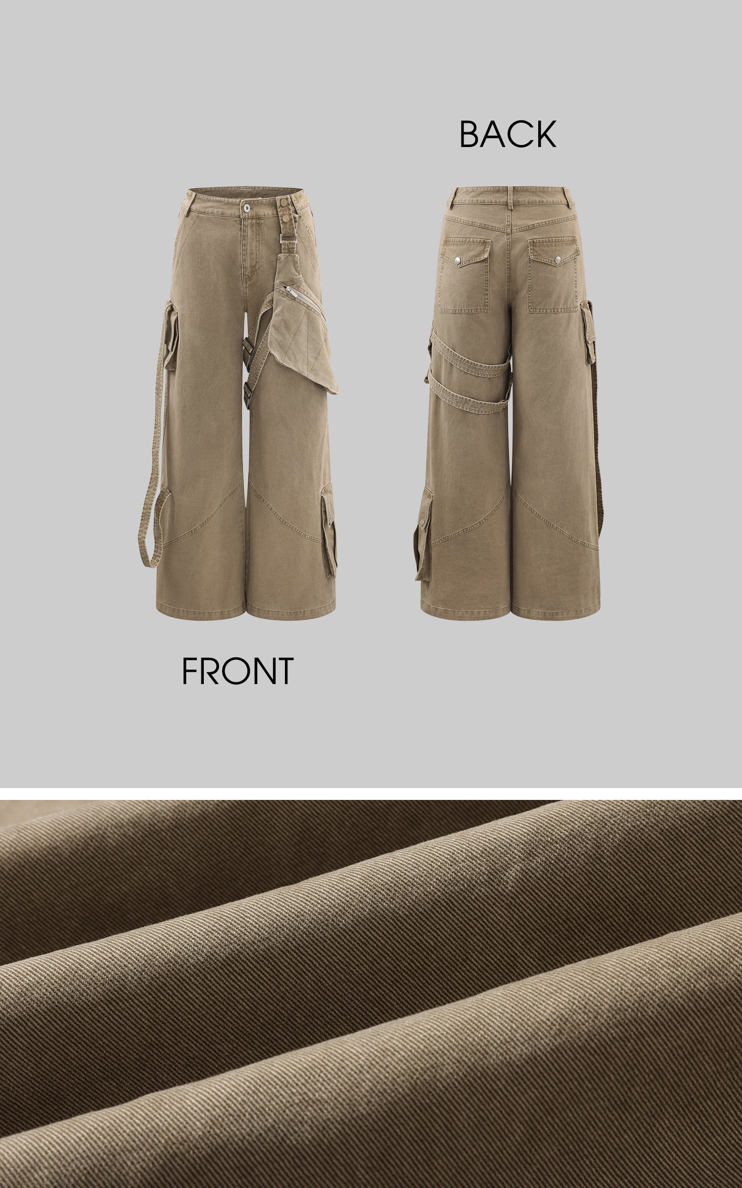 WARDEN EDGE Wide Leg Cargo Pants with Strap Details and Detachable Pocket