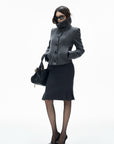 IAMXIAA Vintage-Inspired Charcoal Grey Tailored Knee-Length Pencil Skirt with Side Slit