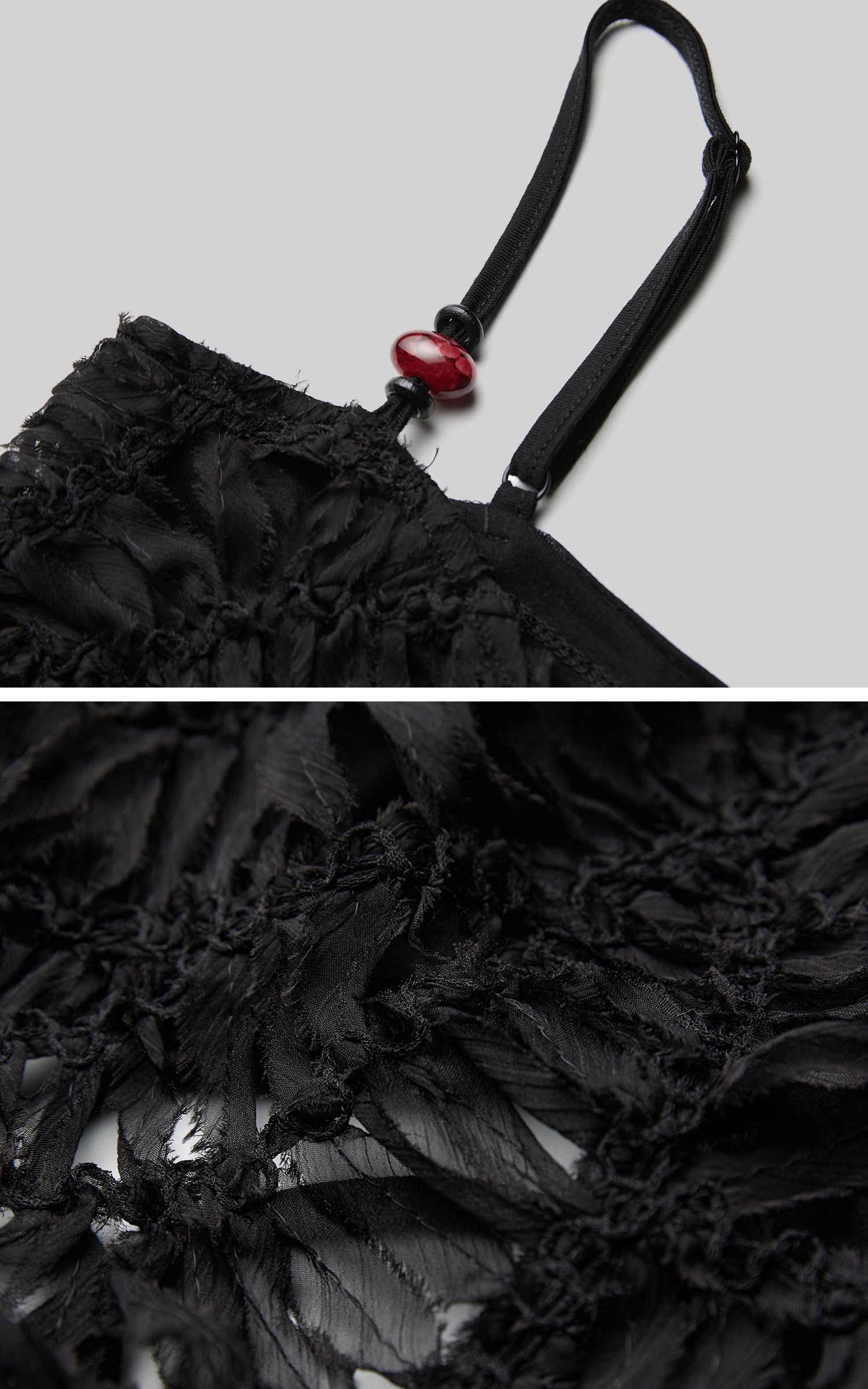 DOINDULGE Deconstructed Mesh Top with Beads and Raw Edge Detailing