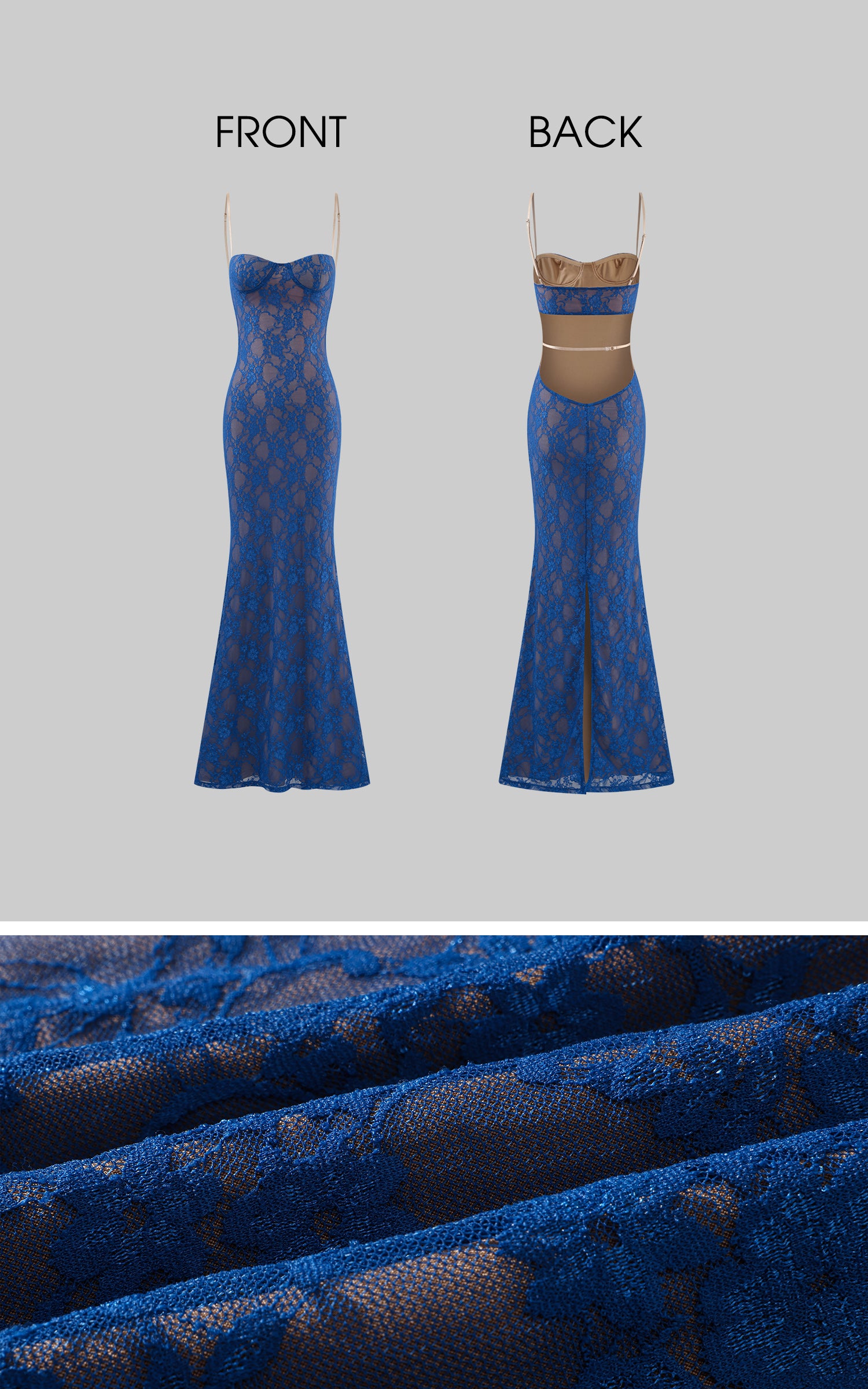 ROVENTE Lace Cutout Maxi Dress with Sheer Mesh and Slim Fit