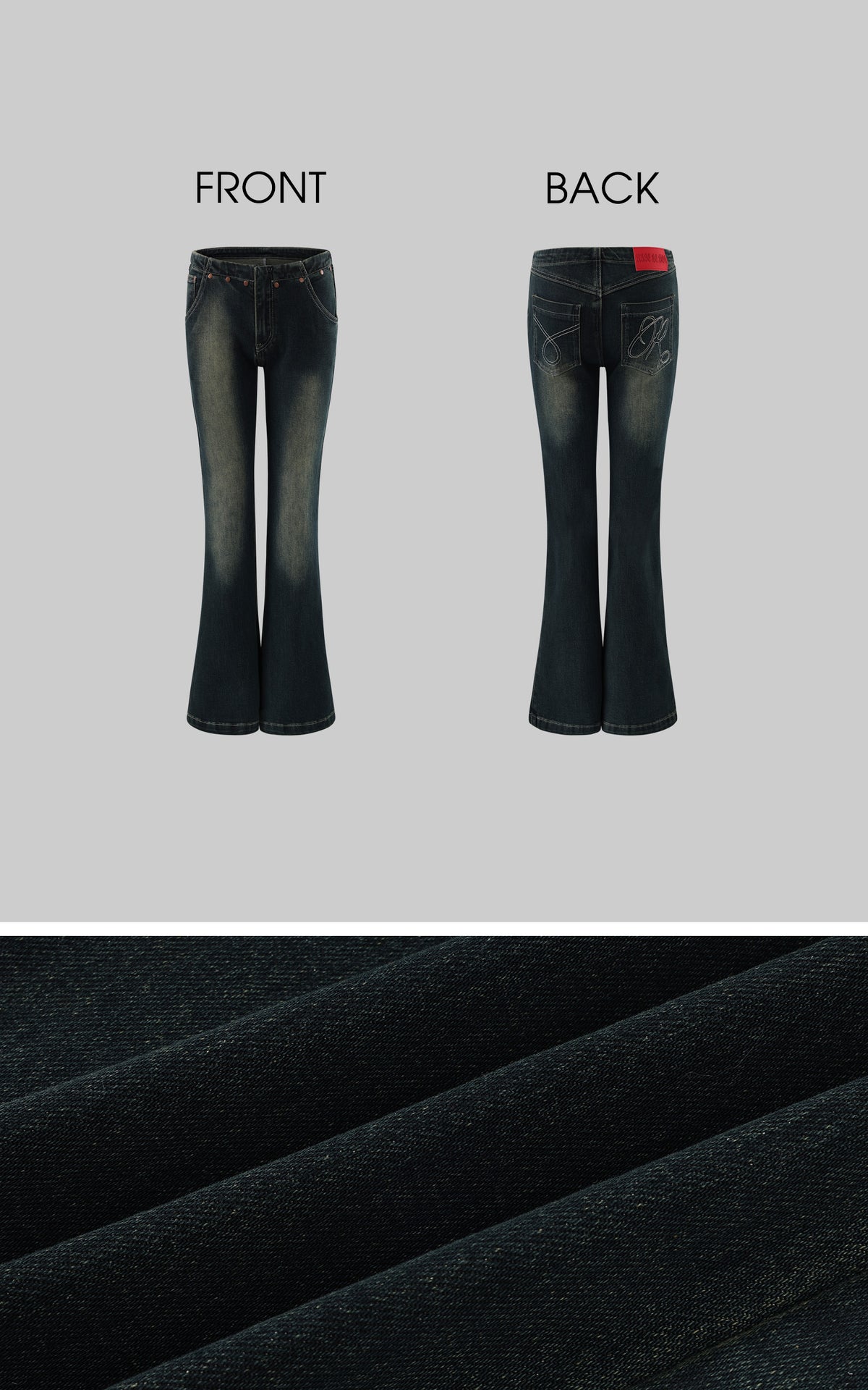 Rase le sol Faded Flared Denim Pants with Copper-Tone Rivets &amp; Embroidered Back Pockets