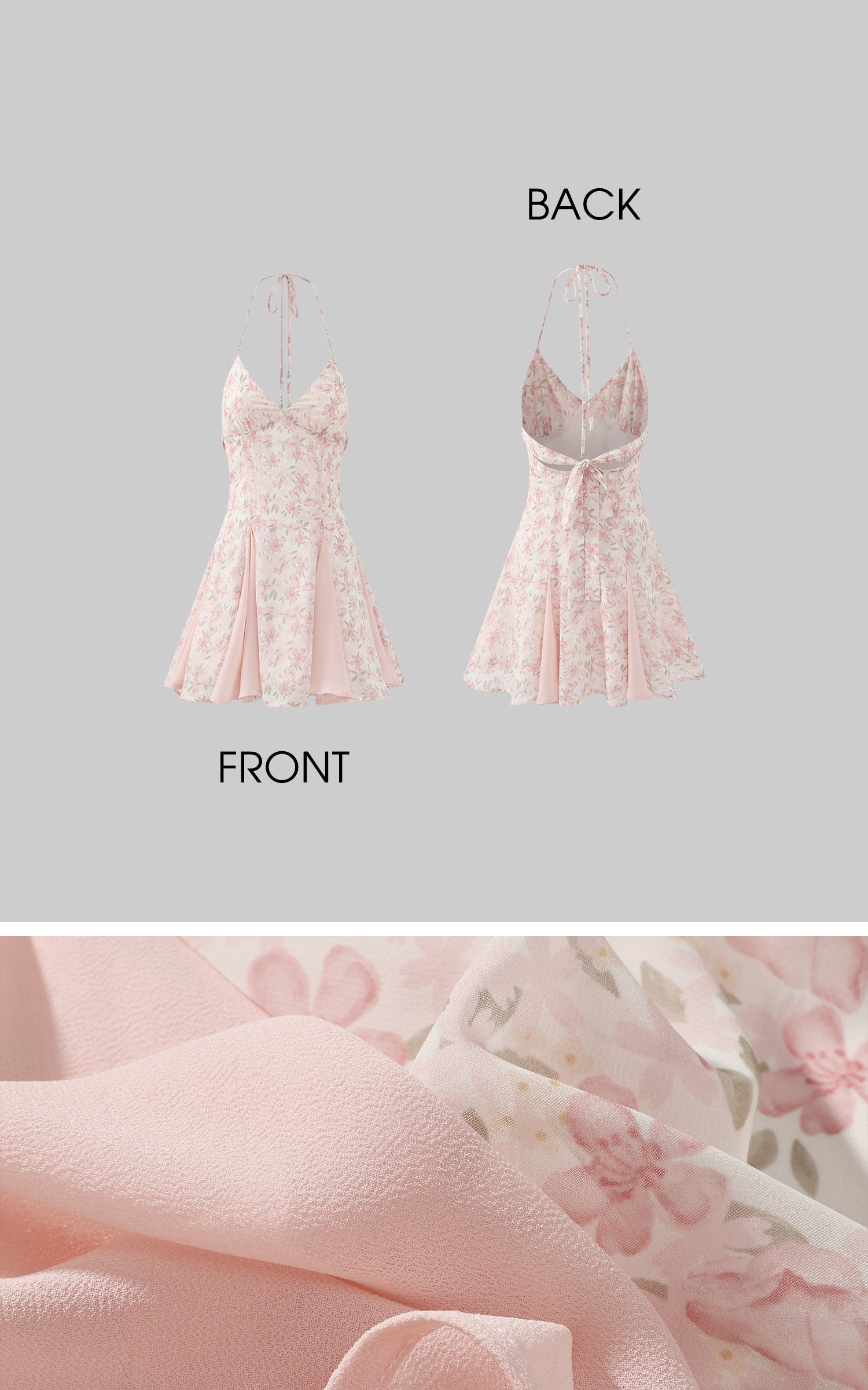 DreamyNerd Vintage Floral Halter Mini Dress with Chiffon Inserts and Flared Skirt - PINKPARKS
