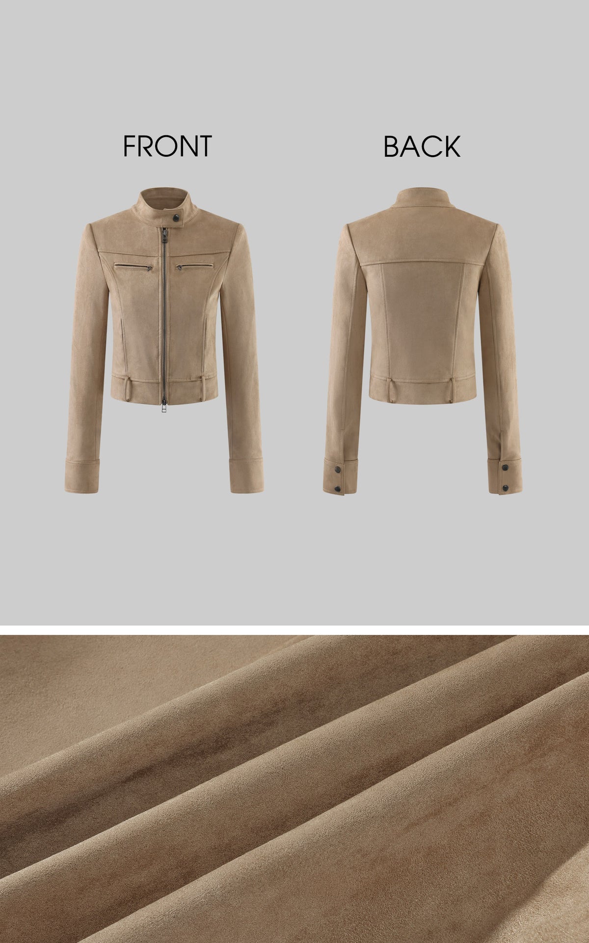 Hydrae Veste motard courte en daim sable avec panneaux sculptés et détails zippés en métal