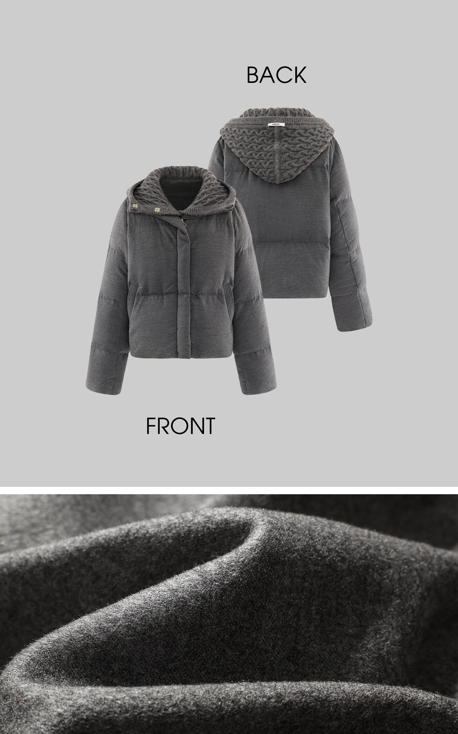 WARDEN EDGE ニットフードパネル付きウール風ダウンジャケット