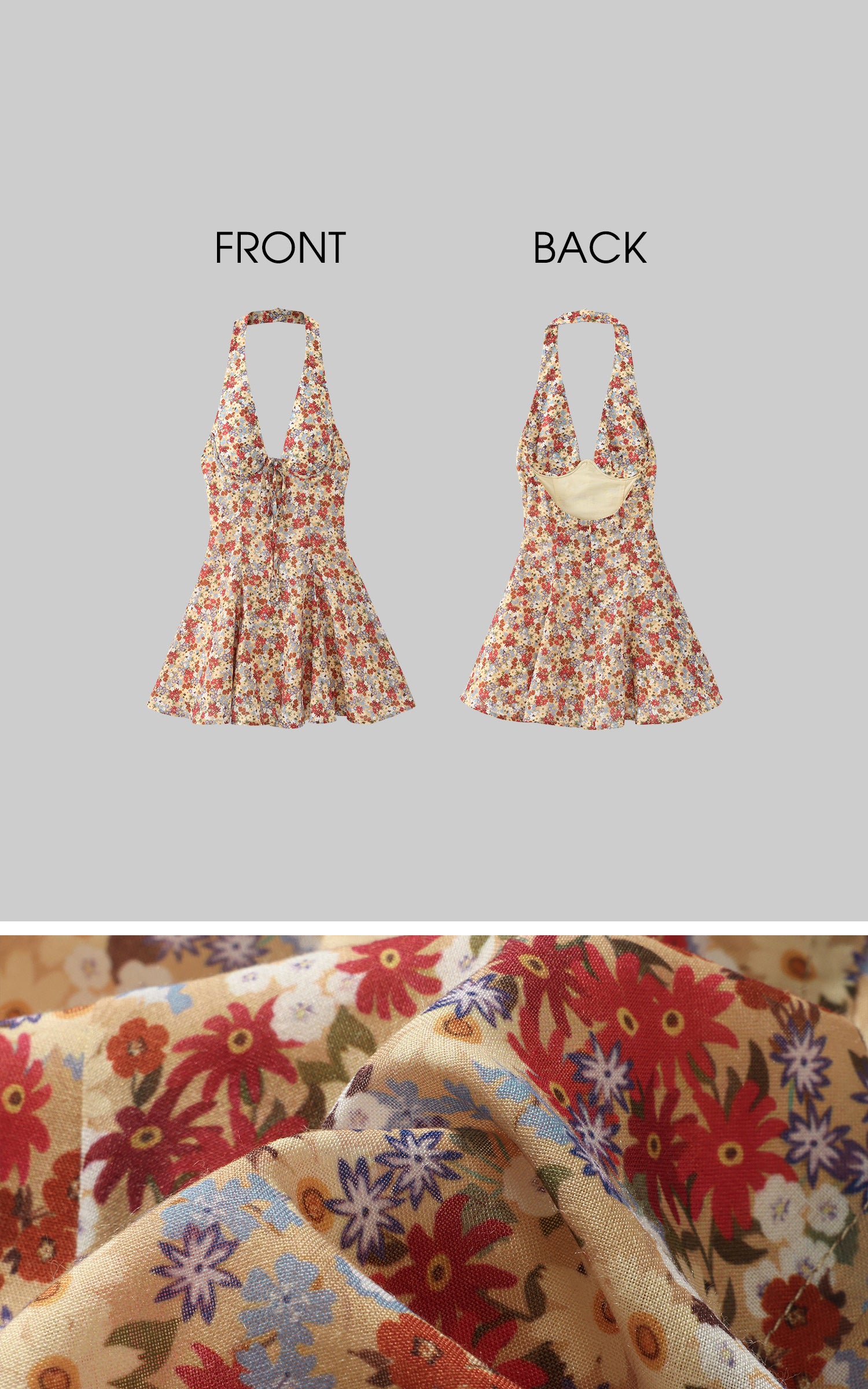 DreamyNerd Floral Halter Backless Mini Dress - PINKPARKS