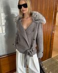 0122stepll Plush Wool Collar Belted Knit Jacket