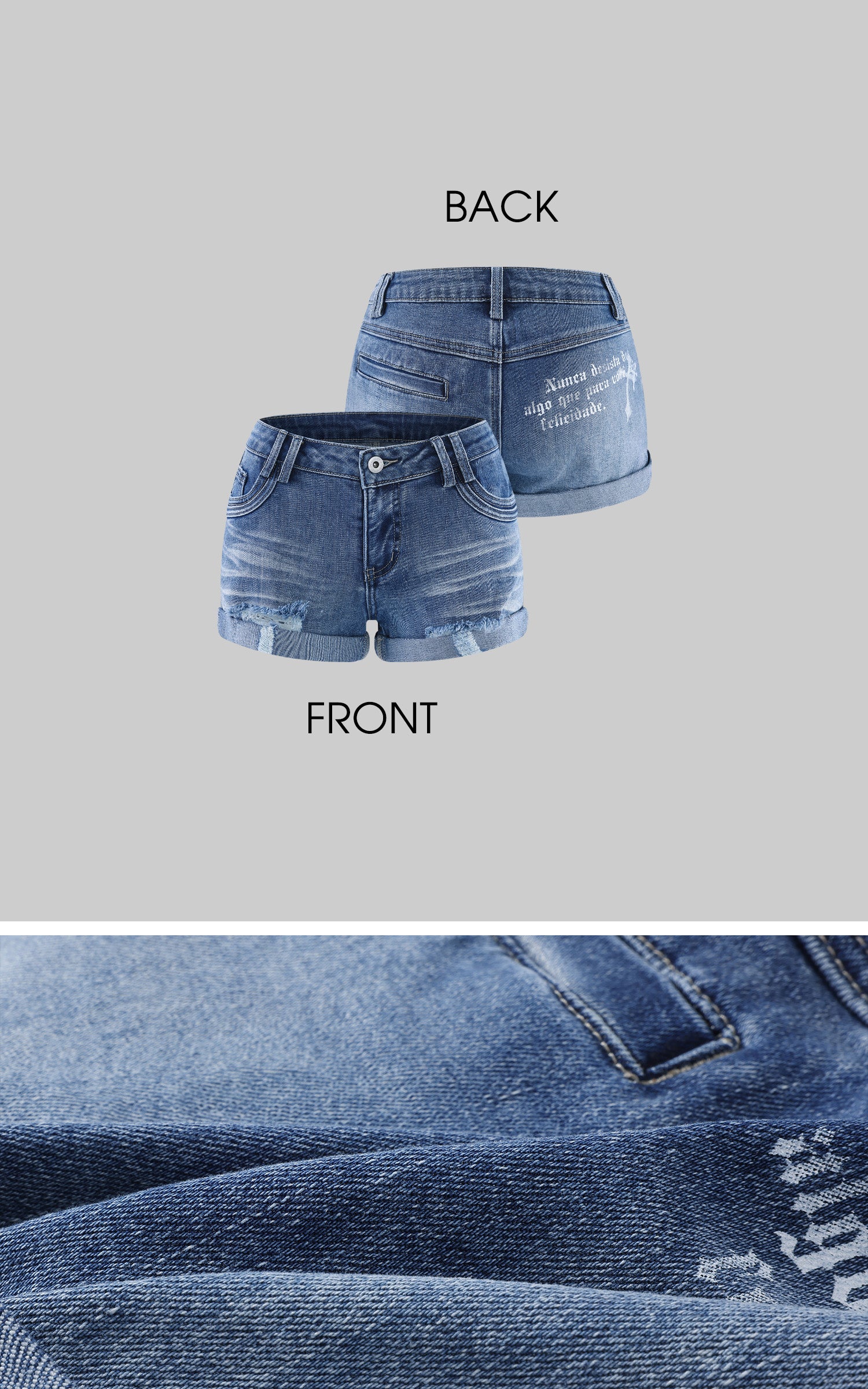 Rase le sol Distressed Denim Mini Shorts with Back Graphic Print and Raw Hem Detail