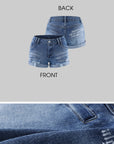 Rase le sol Distressed Denim Mini Shorts with Back Graphic Print and Raw Hem Detail