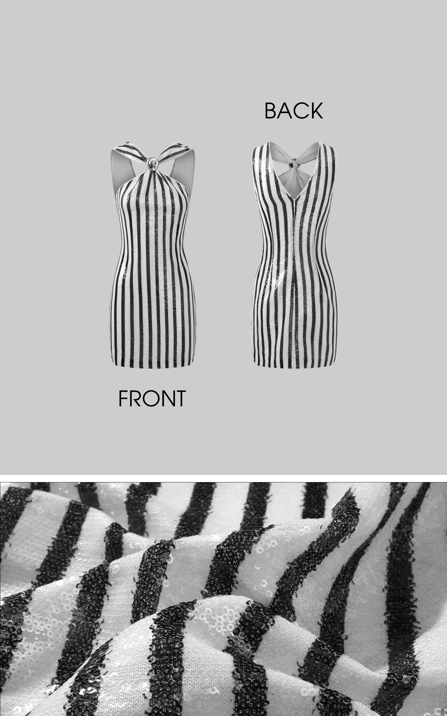 ROVENTE Striped Sequin Mini Dress with Metal Brooch Detail - PINKPARKS