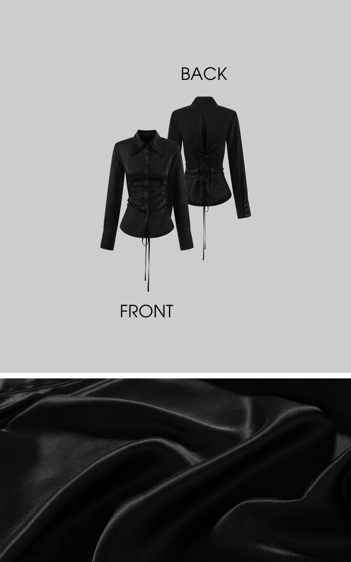 ROVENTE Black Satin Lace-Up Fitted Shirt