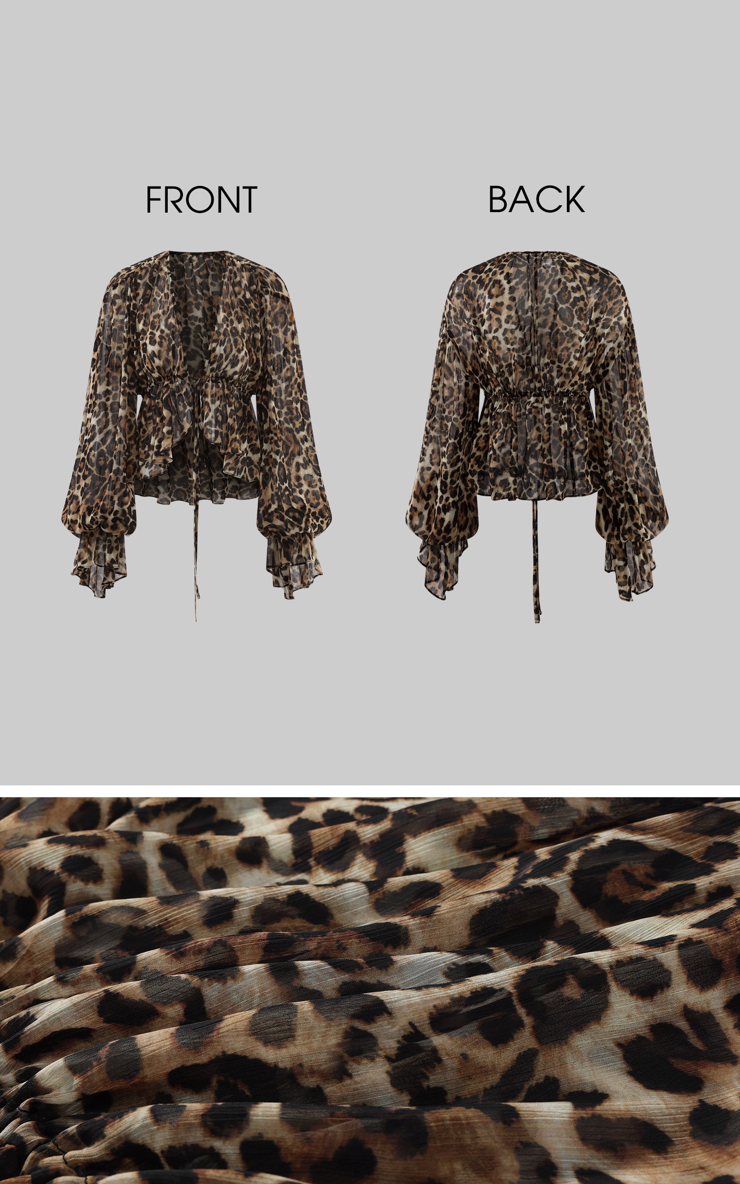 ROVENTE Leopard Chiffon Deep V Ruched Tie-Front Flared Blouse
