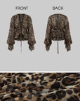 ROVENTE Leopard Chiffon Deep V Ruched Tie-Front Flared Blouse