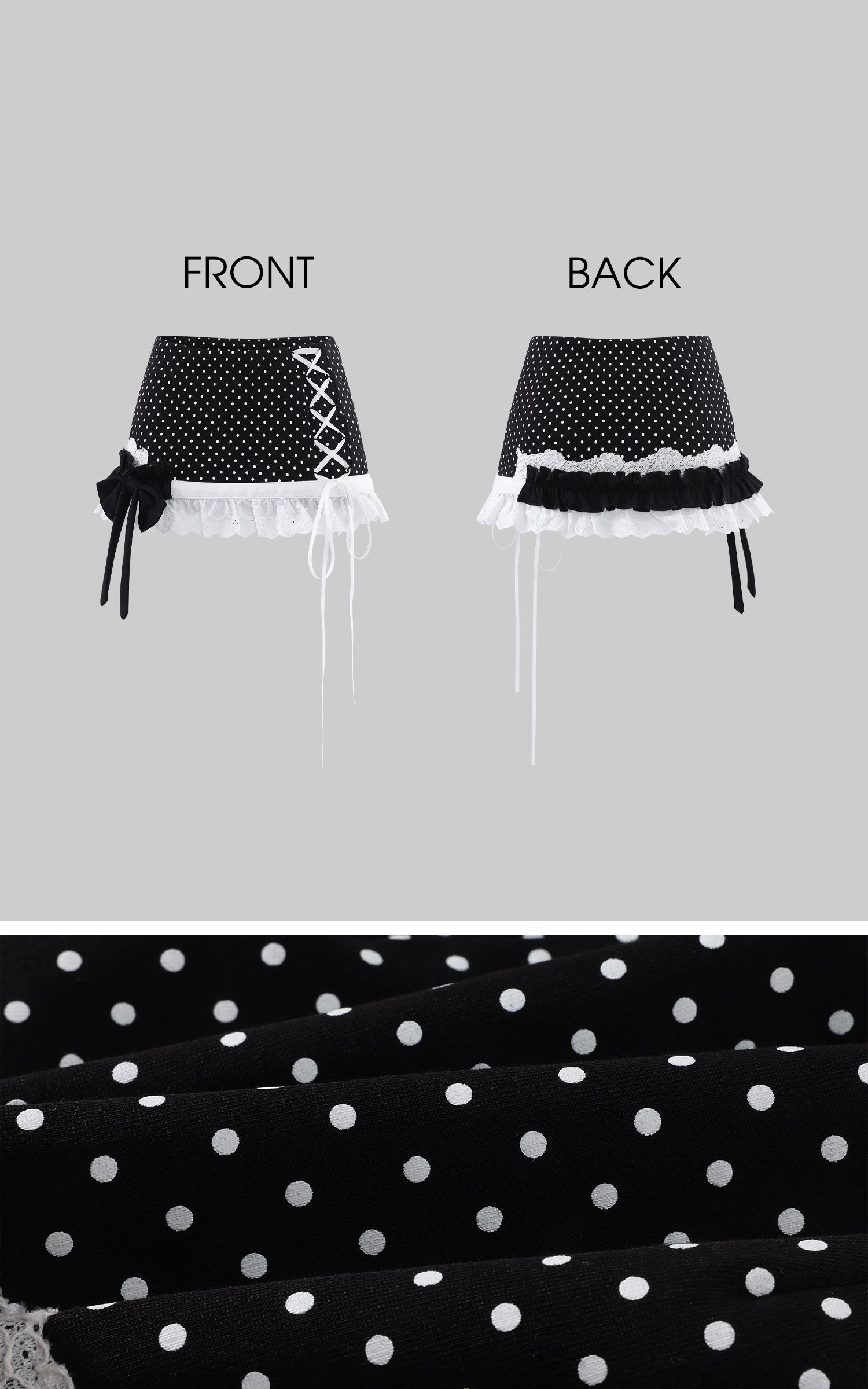 WARDEN EDGE Polka Dot Lace Up Mini Skirt with Ruffled Hem and Asymmetric Layered Detail