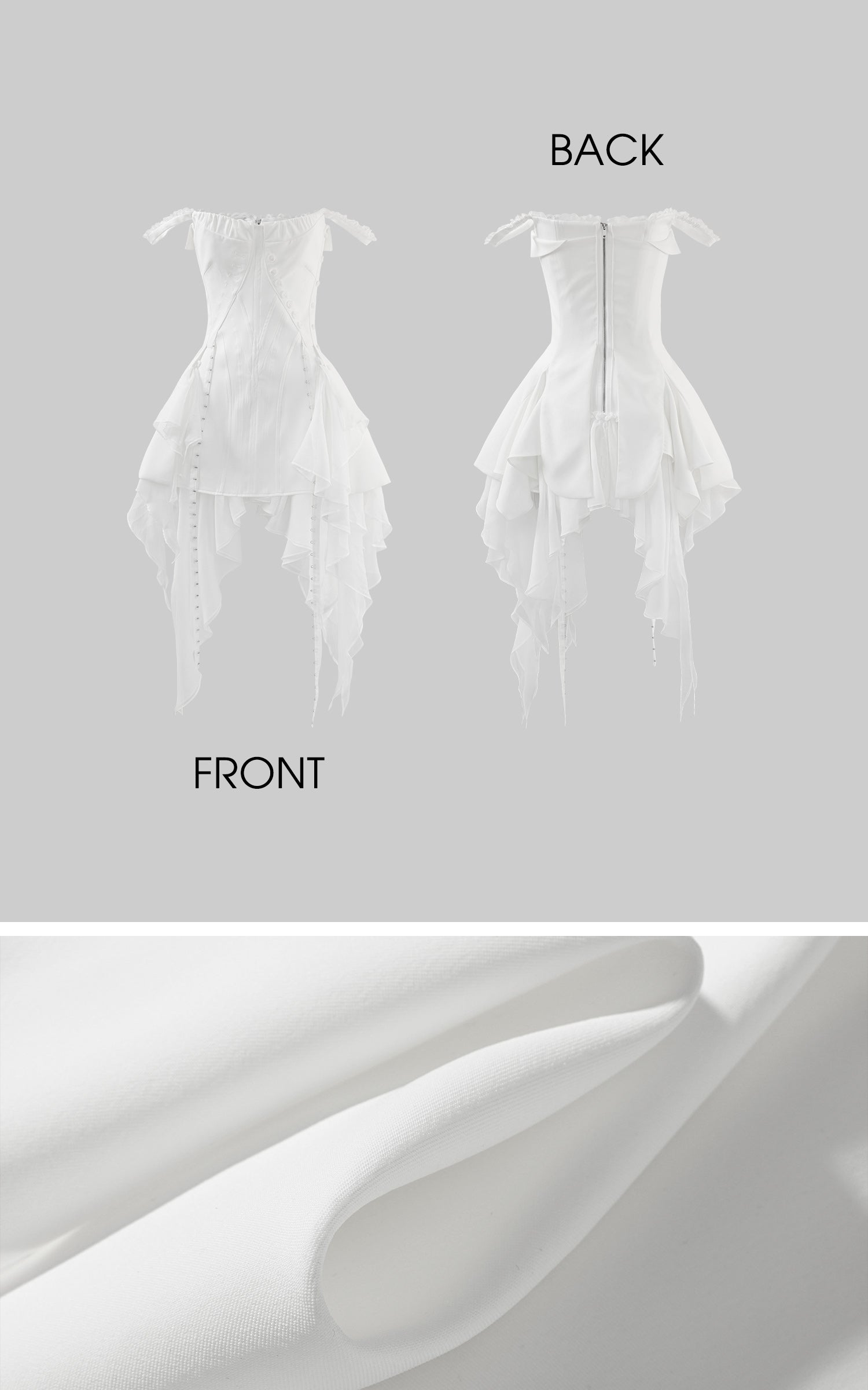 WARDEN EDGE Asymmetric Ruffled Mini Dress with Corset Detailing and Off-Shoulder Straps