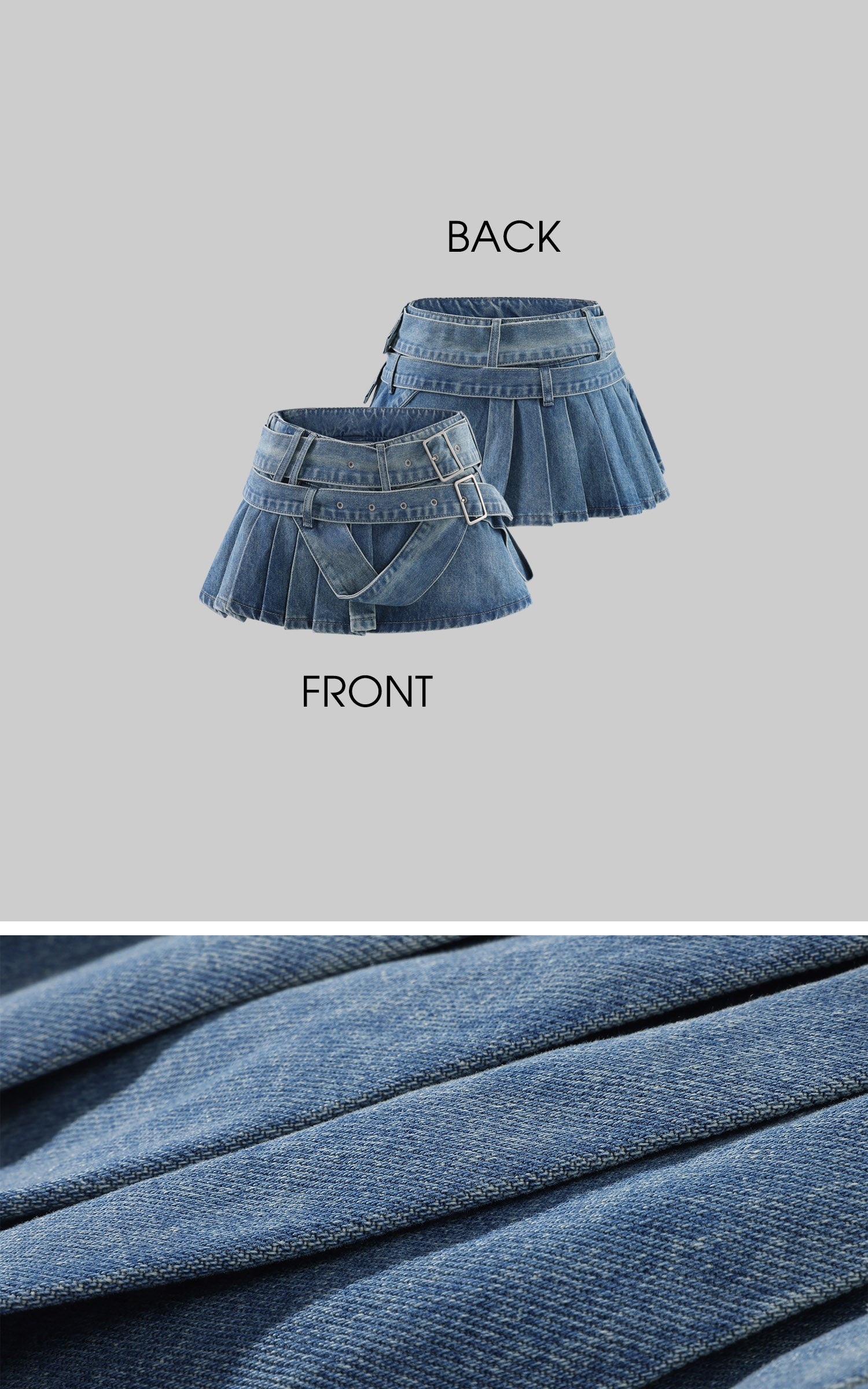 WARDEN EDGE Double-Belt Pleated Denim Mini Skirt