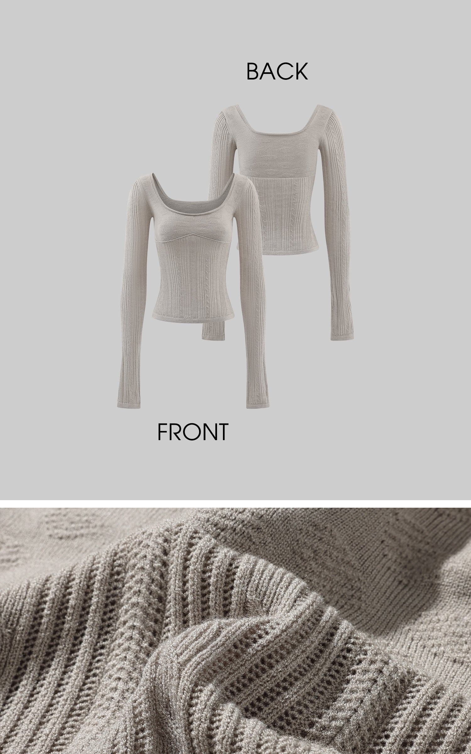 Rase le sol Grey Knit Sheer Long Sleeve Top with Minimalist Bra Layered Set