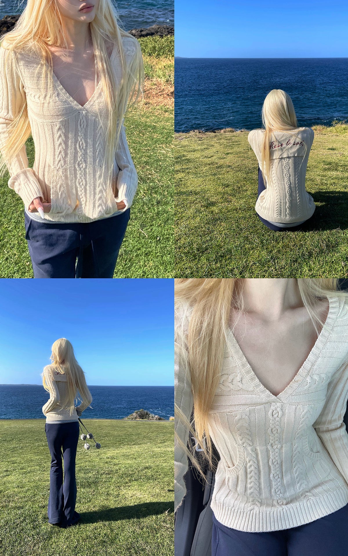 Rase le sol Sculpted V-Neck Cable Knit Top