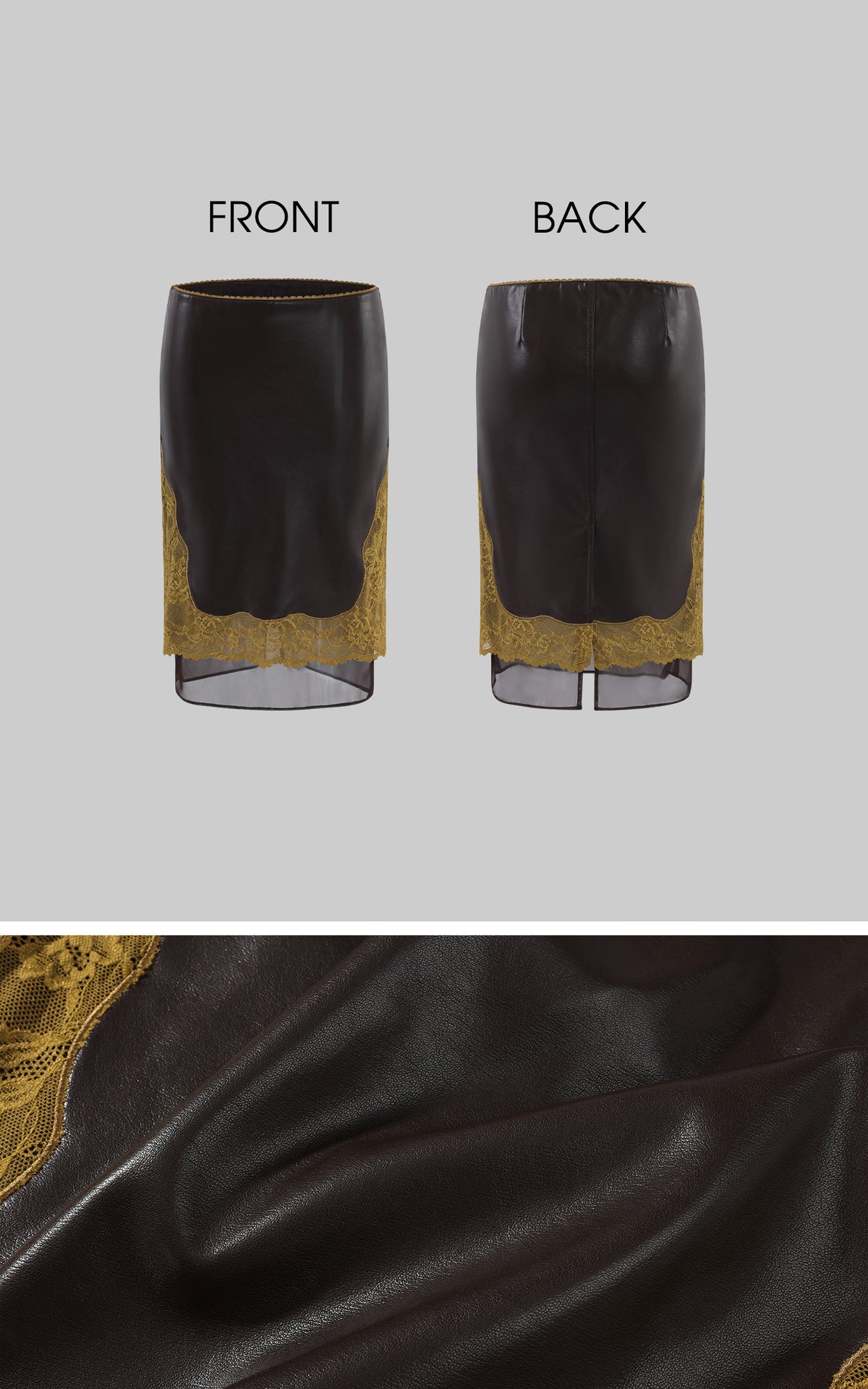ROVENTE Contrast Floral Lace Leather-Look Skirt with Sheer Layered Hem