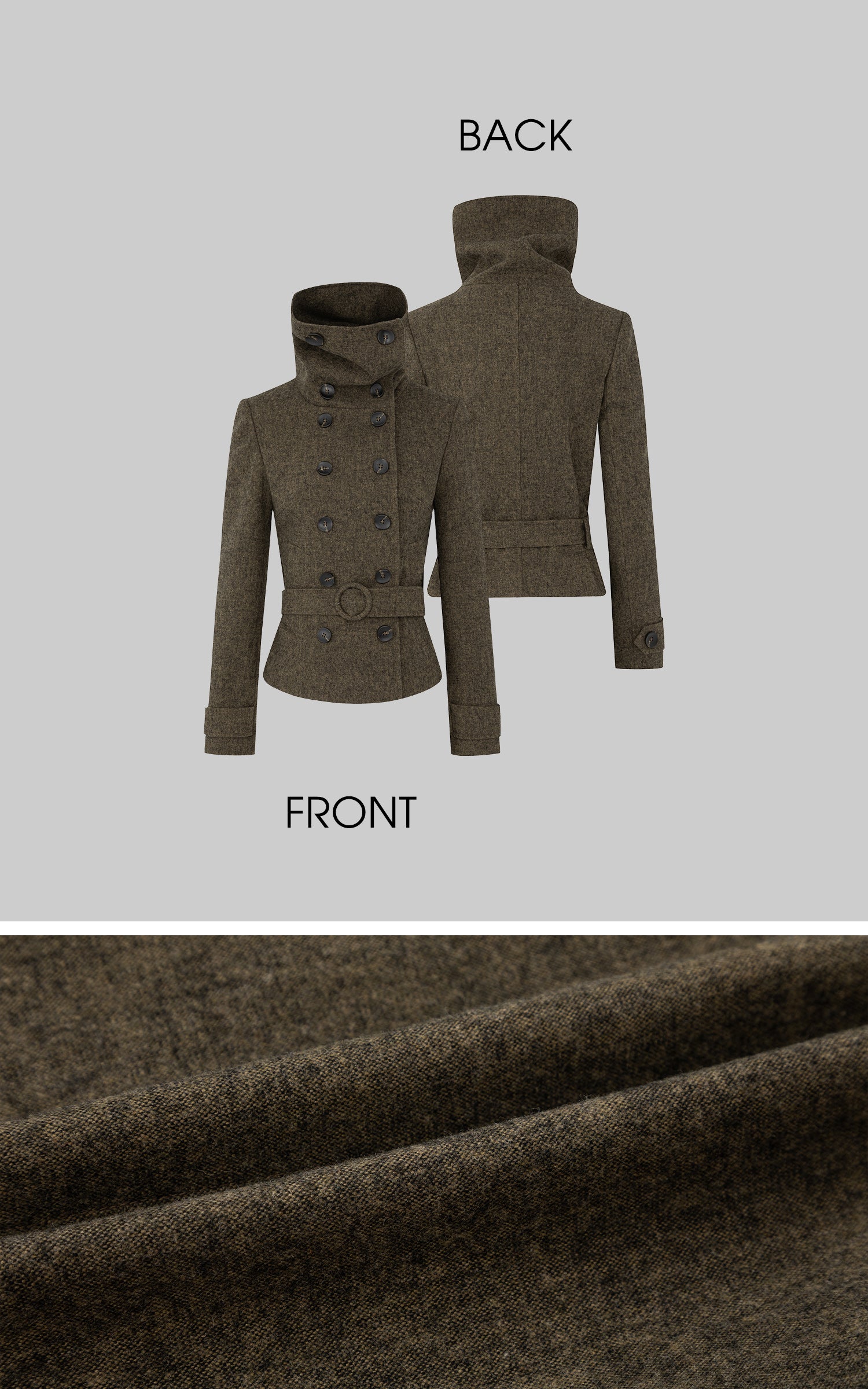 IAMXIAA ウール風ハイネックベルト付きダブルブレストジャケット