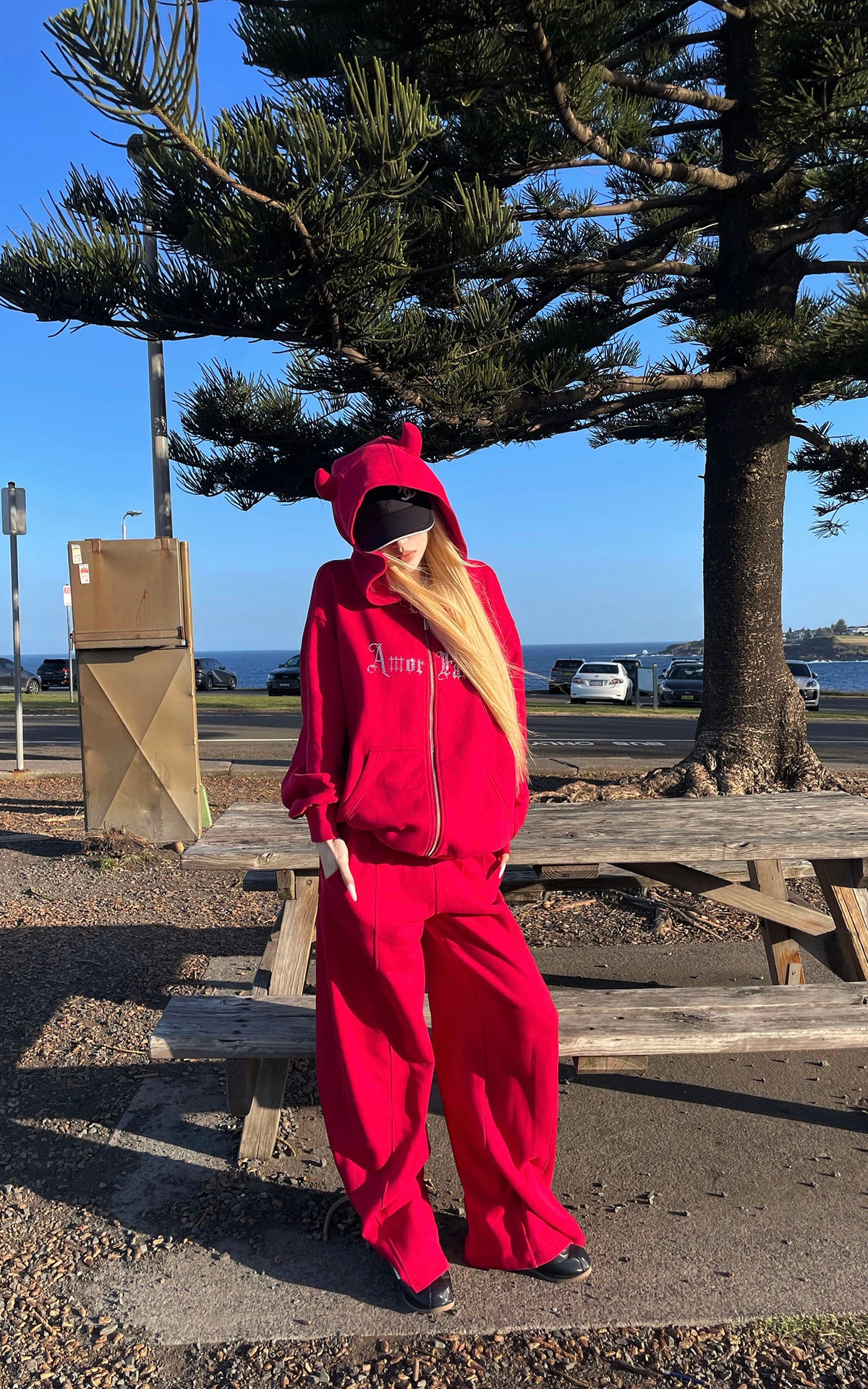 Rase le sol Rhinestone Gothic Zip-Up Hoodie &amp; Wide-Leg Pants Set