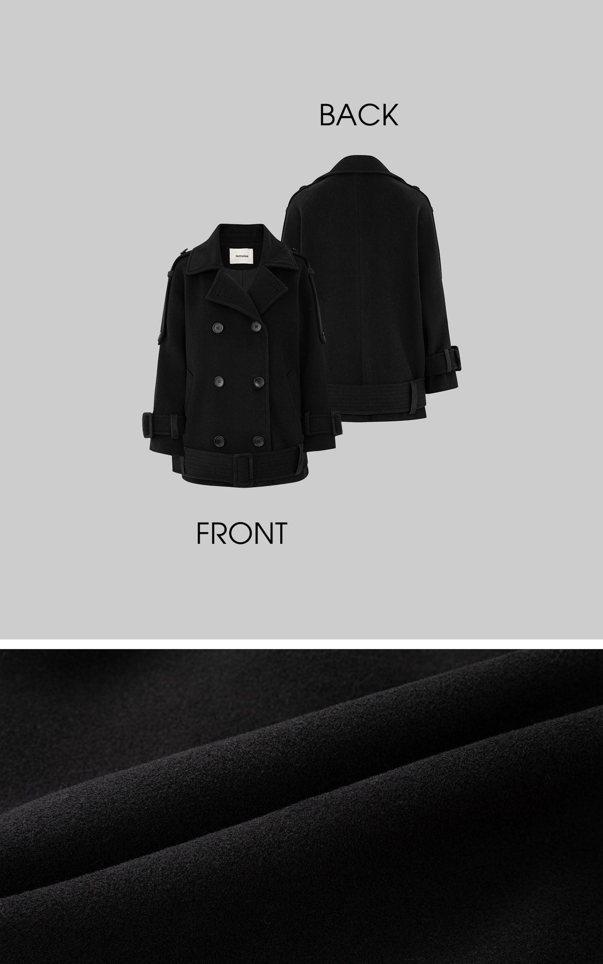 IAMXIAA Black Double-Breasted Belted Military Peacoat